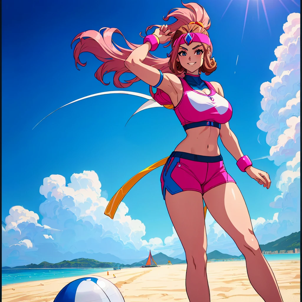 imagined a girl in extreme sport outfit playing to a flying disc game in a beach arena game sport, masterpiece, ultra-detailed, 80's anime (style), 2D, megapixel, perfectionism, full HD , 4K, (windjammers), windjammers sport game, windjammers 2 (((((solo mature anime woman,)))))++++++++++++++++++, looking at viewer, full body, brown hair and pink hair, short hair, weird hair, smile, lips, eyelashes, medium breasts, gym uniform, uniform, gym shorts, headband, sports bra, elbow pad, knee pad, extreme sports outfit 80's theme, beach background, playing flying disc game on a beach court game, sea, sun in the sky, sports wear