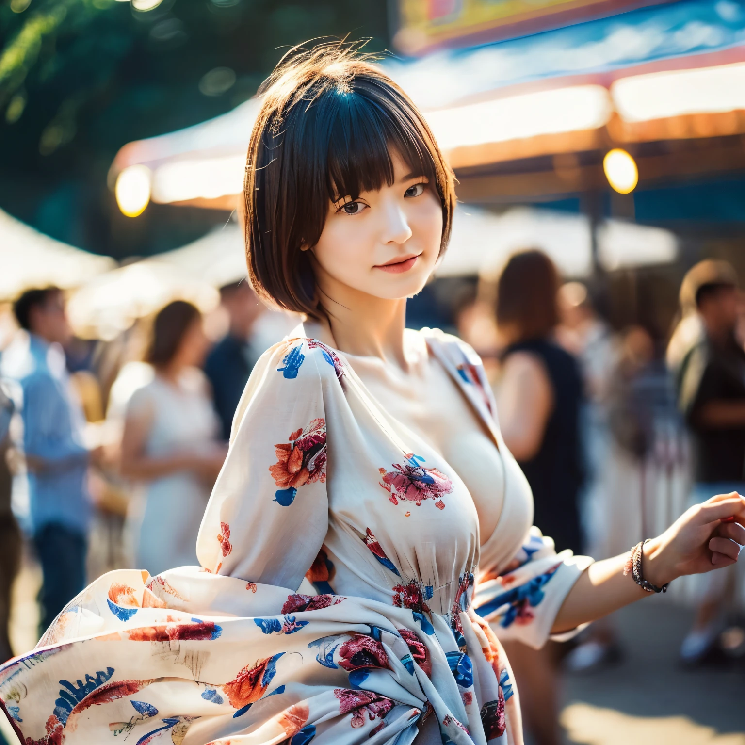highest quality, One girl, (Skin dents), (Huge breasts:1.2), (Blur the background:0.6), At a crowded amusement park, (Casual yet stylish, Elegant fabric,fローラl dress:1.5 ), nice, (short hair:1.5), Soft lighting, Wind, (Front light:1.5), surprised,