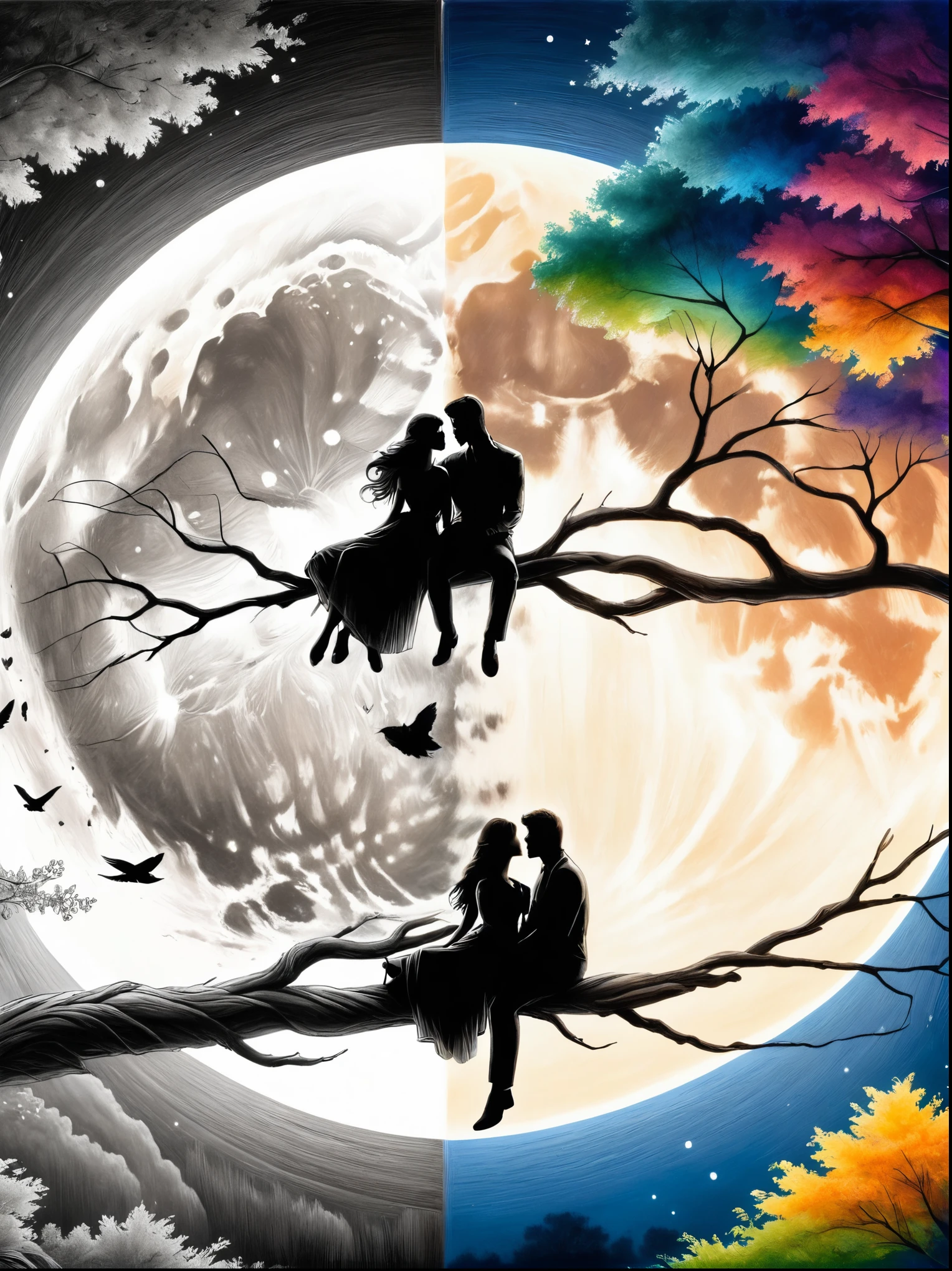 Romantic，night，Backlight，A man and a woman sitting on a tree branch，There is a full moon behind it，The artwork should transition from a pencil drawing style in black and white on the left half to vibrant colors on the right half, Ensure a seamless integration between the two halves without any dividing line, The scene is identical on both sides, with the left side featuring detailed black and white pencil strokes and the right side filled with colors, creating a harmonious blend across the image