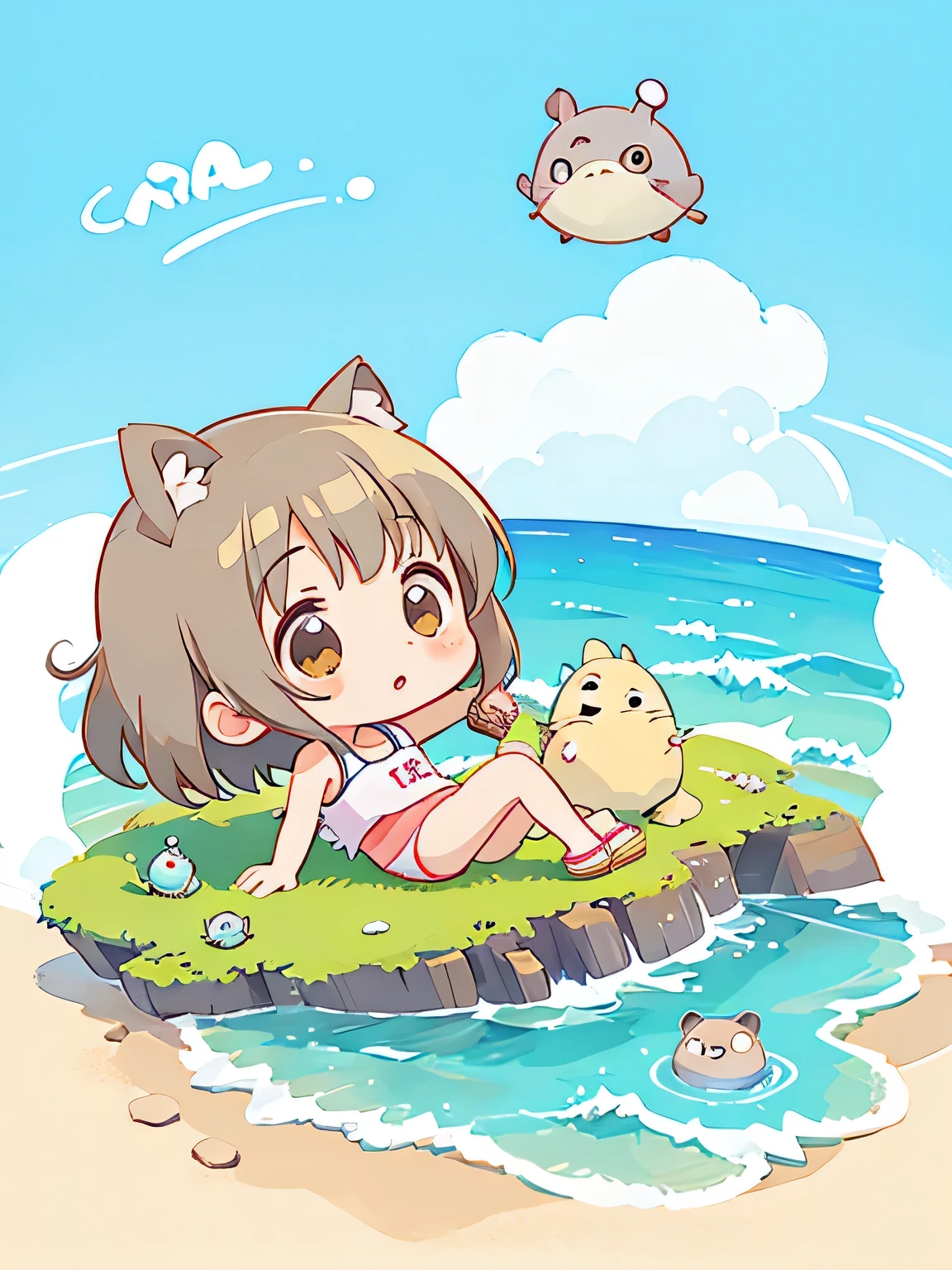 Hayao Miyazaki style, Kawaii Design, The most beautiful girl of all time、Chibi, making a fuss、Cute Totoro, beach, summer, Swimwear