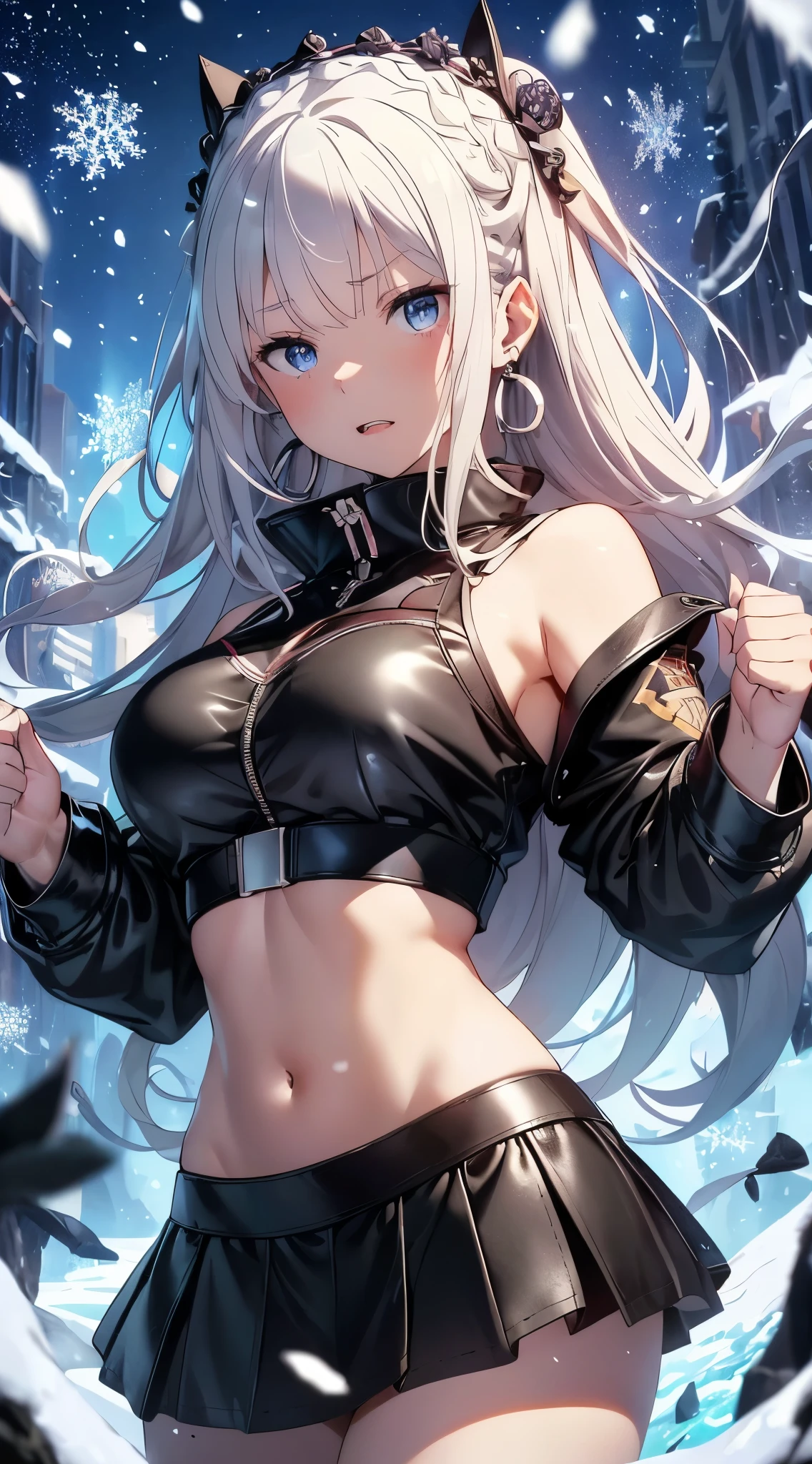 Emilia re:zero, purple eyes, Emilia, crown braid, x hair ornament, flower hair ornament, white hair, long hair, medium breasts, top-quality、Top image quality、​masterpiece、girl with((Black Leather Sports Bra、black rollout jacket、Black leather skirt、sixteen years old、teen ager、cute little、Best Bust、big bast,Beautiful light blue eyes、Breasts wide open, a blond、A slender,Large valleys、belligerent movements,Holding a handgun、dye one's cheeks red、fighting poses、Laugh、sapphire earrings、exhale white)),hiquality、Beautiful Art、Background with((universes、snowflakes falling、Heavy snow falls、Burning fire)))、masutepiece、depth of fields,8K