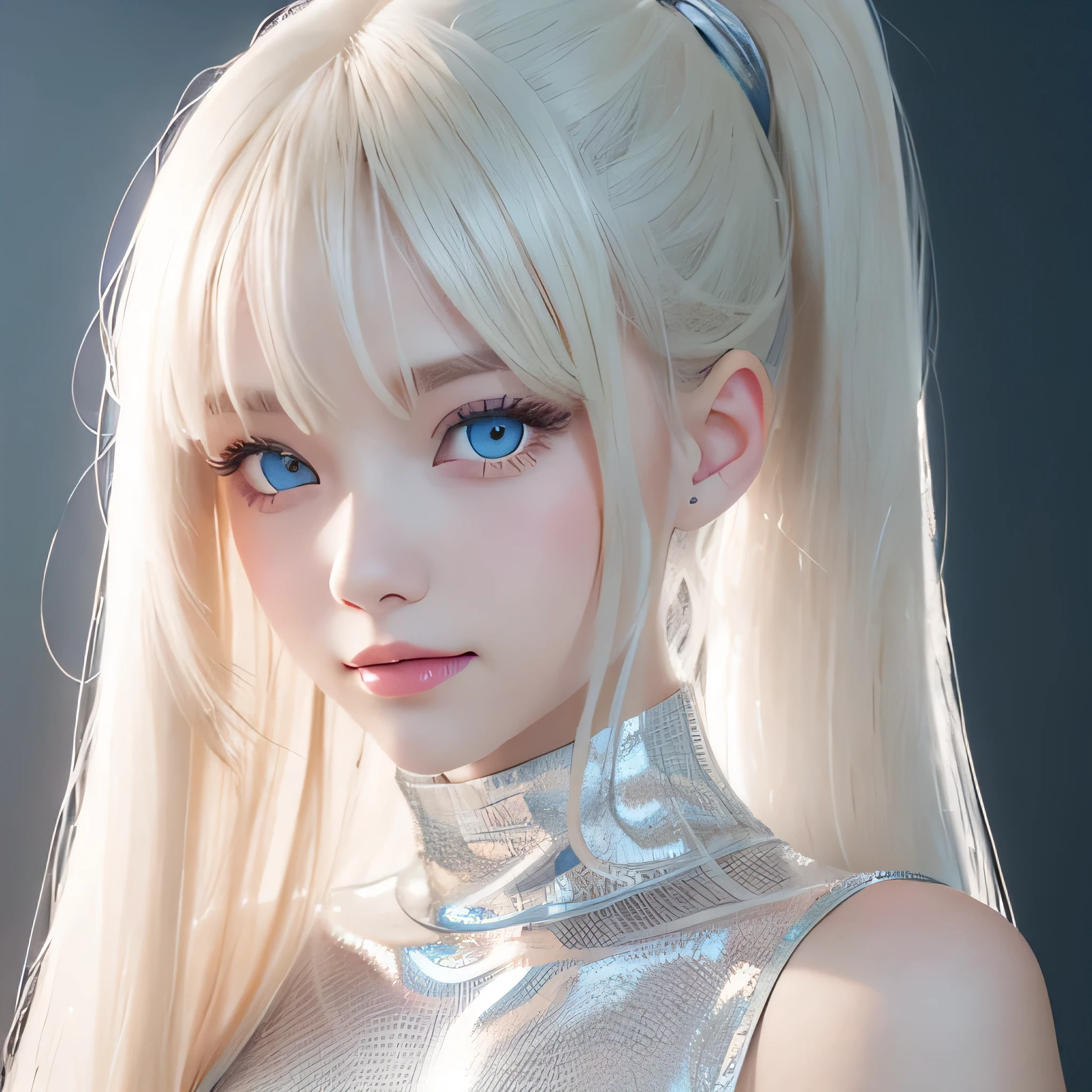 Portrait、、Bright expression、ponytail、Younger, brighter, whiter skin、Best Looks、Blonde reflection、Platinum blonde hair with dazzling highlights、Shiny bright hair,、Super long, silky straight hair、Shiny beautiful bangs、Sparkling, clear, attractive big blue eyes、A very beautiful, lovely and cute 16 year old girl、Ample breasts