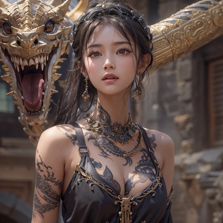 Hide in the desert、Hair flows、 ((highest quality、masterpiece、8k、best image quality、ultra high resolution、Award-winning work)、(accurate anatomy:1.1)、(look at me and smile:1.1)、Shining fair skin with ultra high resolution、most detailed face、ultra high resolution detailed face、ultra high resolutionの髪の毛、(ultra high resolutionの煌めく瞳:1.1)、Beautiful face drawn in every detail、(blurred background:1.1)、ancient Islamic clothes, chest together, tattoo, Old ruins in the background、black real dragon aside