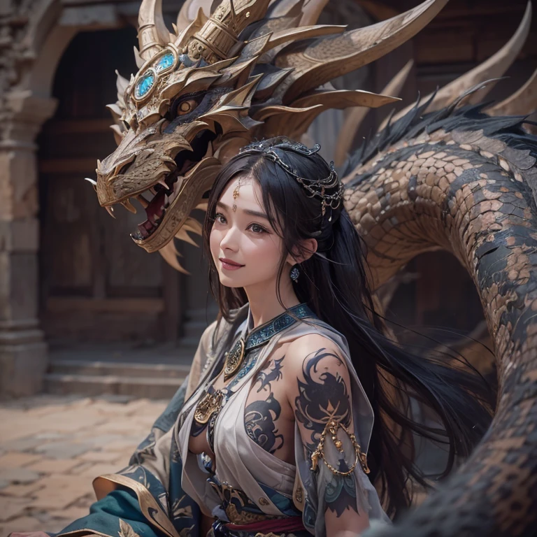 Hide in the desert、Hair flows、 ((highest quality、masterpiece、8k、best image quality、ultra high resolution、Award-winning work)、(accurate anatomy:1.1)、(look at me and smile:1.1)、Shining fair skin with ultra high resolution、most detailed face、ultra high resolution detailed face、ultra high resolutionの髪の毛、(ultra high resolutionの煌めく瞳:1.1)、Beautiful face drawn in every detail、(blurred background:1.1)、ancient Islamic clothes, chest together, tattoo, Old ruins in the background、black real dragon aside