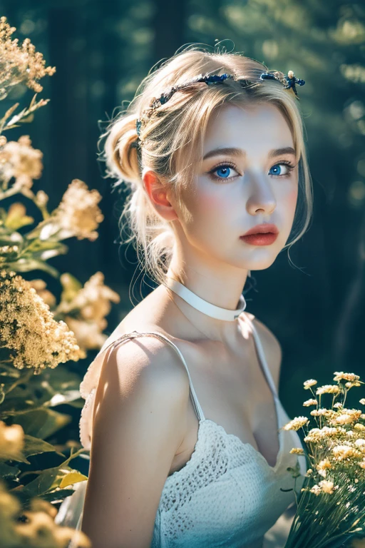 ( masterpiece, top quality, best quality,8k,17 years old girl,ultra detailed,raw photo:1.5),(photorealistic:1.4), (cinematic lighting), PerfectNwsjMajic, , Surrealism, UHD, ccurate, Super detail, textured skin, High detail, Best quality, dynamic angle, White skin,[Beautiful blue eyes], high nose,[flat chest:large breasts:0.5],(1girl),((good anatomy:0.5)),(covered in flowers:1.4), night sky, joint, (Blonde hair:1.3), interested in, fire and ice, (The image is divided into two，Available in a variety of colors:2), eyes blues, sapphire, liquid metal, night sky, (Look at an angle:1.3), (fire and ice), ((Lower chrome)), (hairpin:1.4), (forest:1.3), (fog: 1.3),  Subtle colors and tones, mystical aura ,dreamy atmosphere,expressive brush strokes, mystical ambiance, Artistic interpretation,