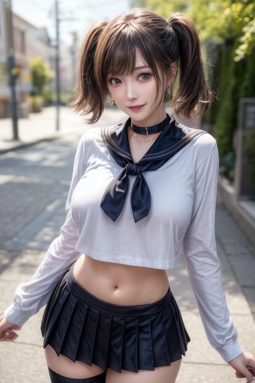 kujikawadef,twintails, forehead,,white serafuku , sailor collar,long sleeves,skirt below the navel, thighhighs,jewelry,earrings,standing,
best quality, highly detailed, masterpiece, absurdres,8k, photorealistic, realistic,detailed skin texture,detailed pupils,HDR,natural lighting,
1girl,solo,(happy:1.1),(smile:1.2),shorthair,brown hair,(angular face:1.2),shiny face,large breasts, narrow waist, lip makeup,