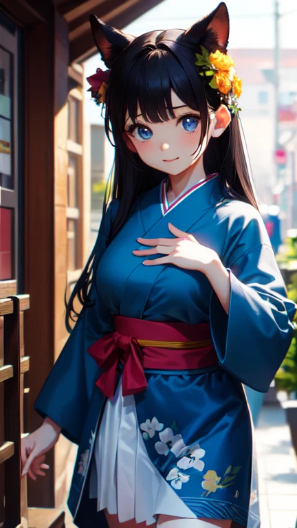 masterpiece, highest quality, One Girl, Thighs, beautiful girl, Flowers, たくさんの小さなflowerびら, flower、Small waist, RAWphotograph,Bright lighting、Face Light, Ultra-realistic, High resolution, photograph, Sharp focus, Highly detailed eyes and face,Accurate hands、Symmetrical face, whole body、Large Breasts、Long Hair、チラリと見えるThighs、Character portrait、Yukata、Summer festival、geta