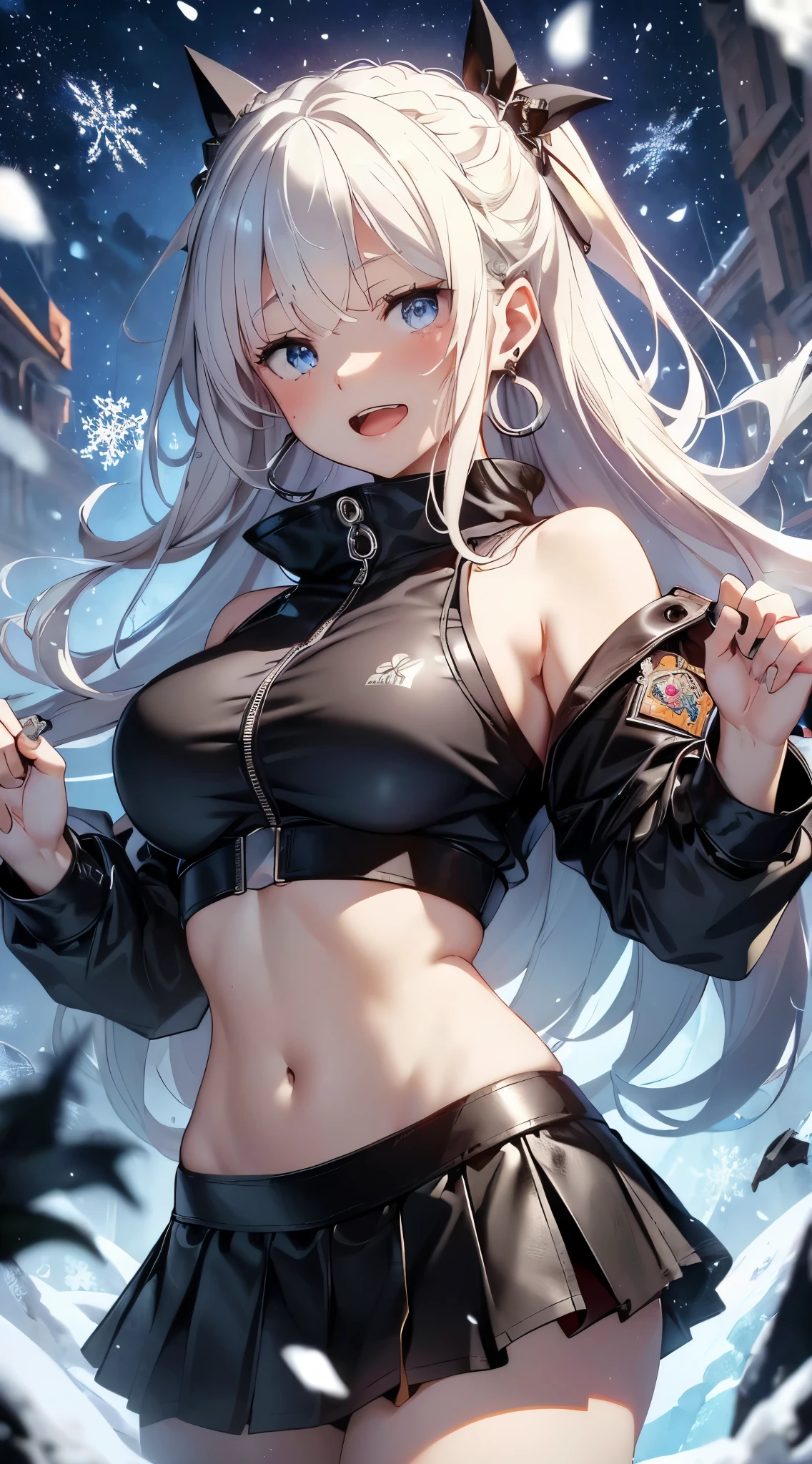 Emilia re:zero, purple eyes, Emilia, crown braid, x hair ornament, flower hair ornament, white hair, long hair, medium breasts, top-quality、Top image quality、​masterpiece、girl with((Black Leather Sports Bra、black rollout jacket、Black leather skirt、、teen ager、cute lit Bust、big bast,Beautiful light blue eyes、Breasts wide open, a blond、A slender,Large valleys、belligerent movements,Holding a handgun、dye one's cheeks red、fighting poses、Laugh、sapphire earrings、exhale white)),hiquality、Beautiful Art、Background with((universes、snowflakes falling、Heavy snow falls、Burning fire)))、masutepiece、depth of fields,8K