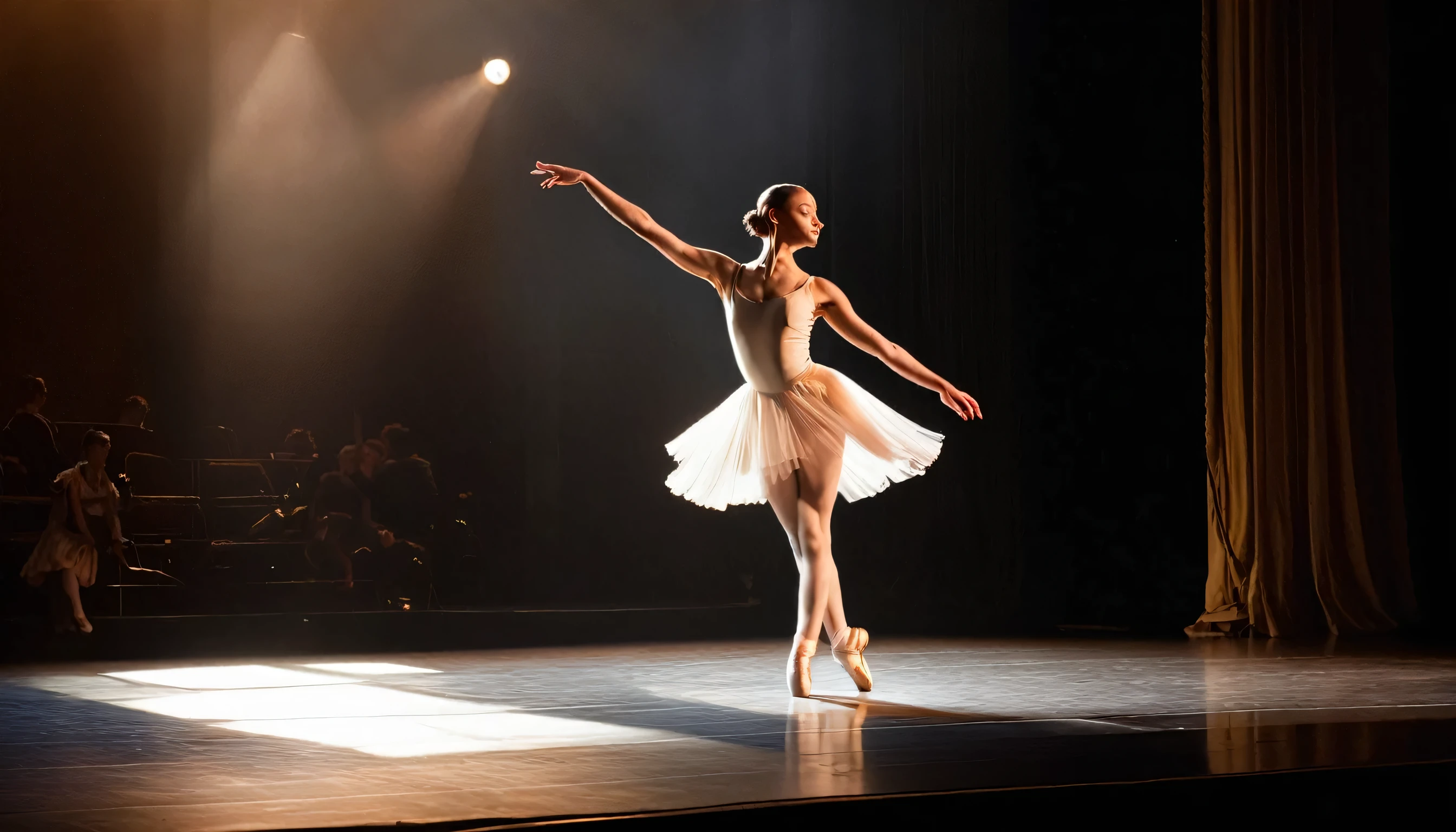 A photo of a ballet dancer gracefully pirouetting on a sunlit stage, captured during a matinee performance with a DSLR camera and telephoto lens, bathed in the spotlight's glow, showcasing the elegance and precision of classical dance in a theatrical setting