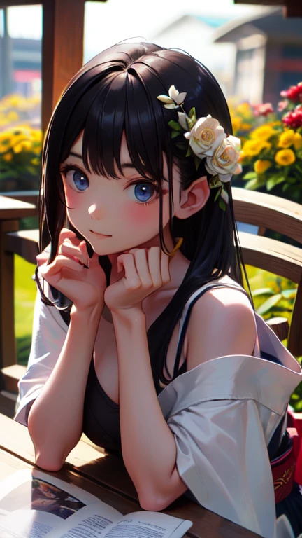 masterpiece, highest quality, One Girl, Thighs, beautiful girl, Flowers, たくさんの小さなflowerびら, flower、Small waist, RAWphotograph,Bright lighting、Face Light, Ultra-realistic, High resolution, photograph, Sharp focus, Highly detailed eyes and face,Accurate hands、Symmetrical face, whole body、Large Breasts、Long Hair、チラリと見えるThighs、Character portrait、kimono、Summer festival、geta