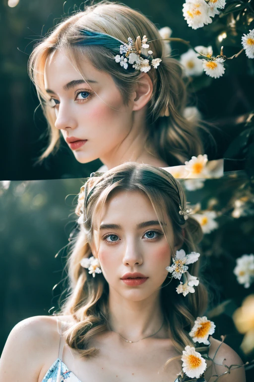 ( masterpiece, top quality, best quality,8k, girl,ultra detailed,raw photo:1.5),(photorealistic:1.4), (cinematic lighting), PerfectNwsjMajic, , Surrealism, UHD, ccurate, Super detail, textured skin, High detail, Best quality, dynamic angle, White skin,[Beautiful blue eyes], high nose,[flat chest:large breasts:0.5],(1girl),((good anatomy:0.5)),(covered in flowers:1.4), night sky, joint, (Blonde hair:1.3), interested in, fire and ice, (The image is divided into two，Available in a variety of colors:2), eyes blues, sapphire, liquid metal, night sky, (Look at an angle:1.3), (fire and ice), ((Lower chrome)), (hairpin:1.4), (forest:1.3), (fog: 1.3),  Subtle colors and tones, mystical aura ,dreamy atmosphere,expressive brush strokes, mystical ambiance, Artistic interpretation,