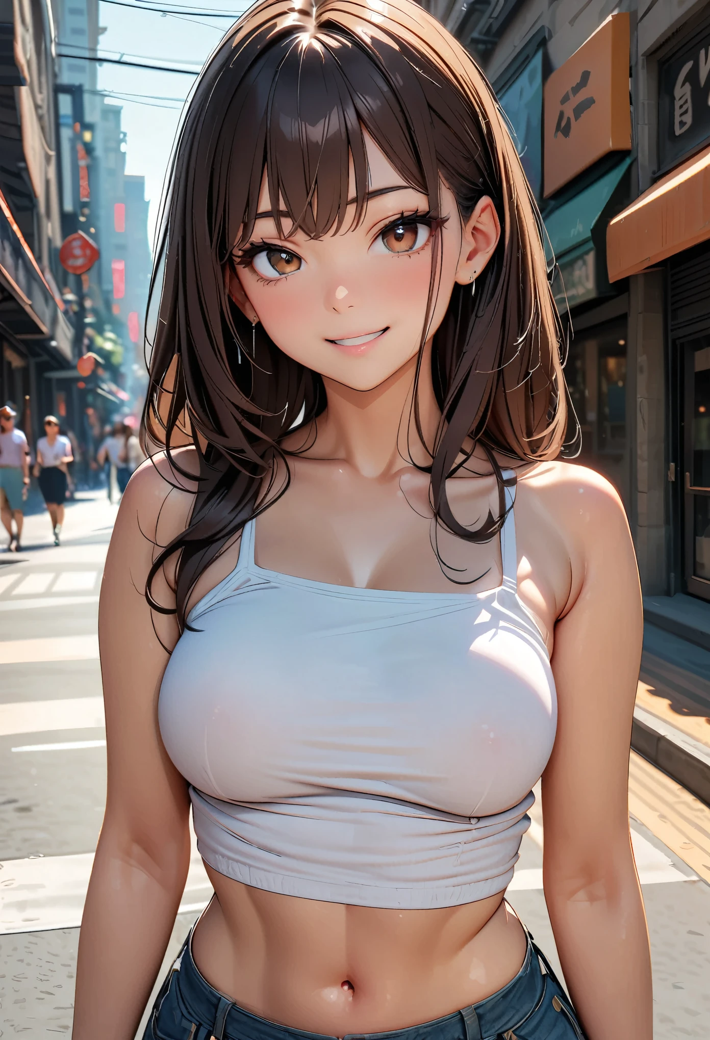 RAW Photos, looking at the camera, ((highest quality, 8k, masterpiece:1.3)), Sharp focus: 1.2, Beautiful Features, The best smile, Cute Smile, Beautiful woman with perfect style:1.4, Slim Abs:1.2, Dark brown hair, Off the shoulder, (Natural light, City Street: 1.1), Highly detailed face and skin texture, Fine grain, double eyelid.