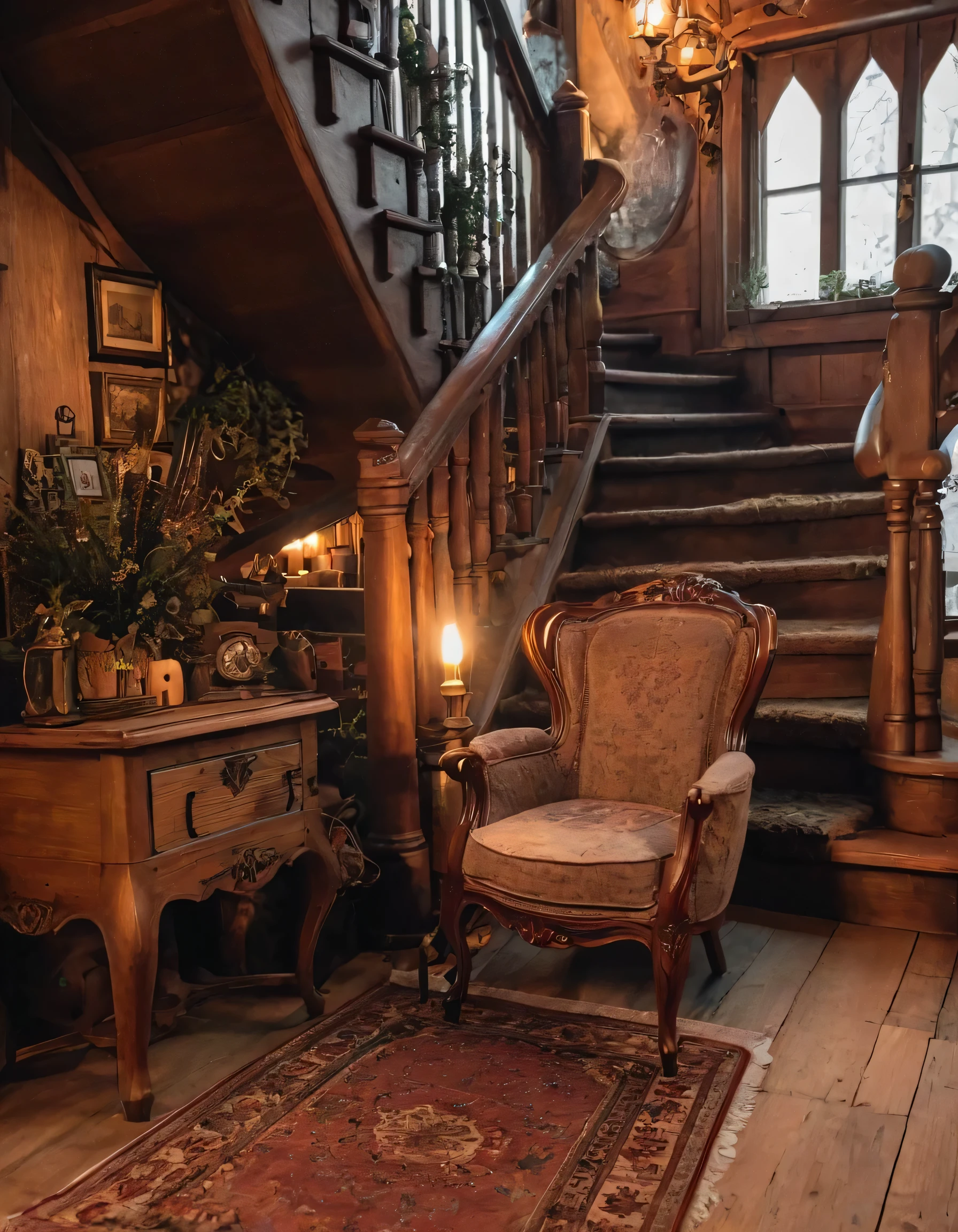 a close up of a chair in a room with a staircase, cosy atmoshpere, cozy place, peaceful wooden mansion, cozy environment, cottagecore, steampunk living room, cozy atmospheric, witch cottage in the forest, a cozy old victorian loft, cozy atmosphere, cottagecore!!, cosy enchanted scene, magical environment, luxurious wooden cottage