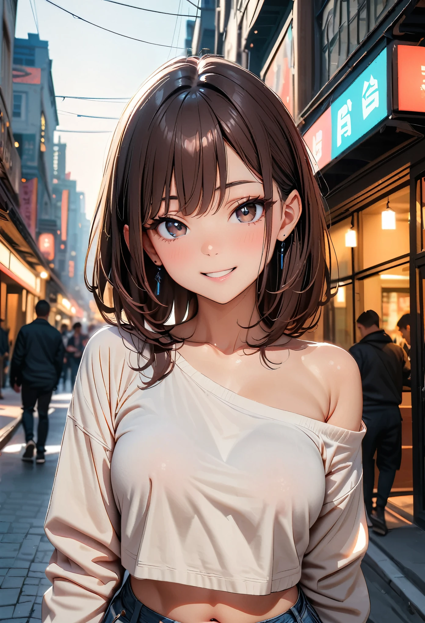 anegasaki nene、Shiny brown hair, short hair, (Beautiful brown eyes、Sparkling eyes, Fine grain)、smile、Super detailedな目、Highly detailed face, Highly detailed eyes,
Ultra-high resolution, Superior Quality, Highest quality, Super detailed, Realistic, 8k, RAW Photos, Highest quality, masterpiece, Attractive girl, A wonderful girl,
, Shoulder-length layered, Asymmetrical bangs, Japanese Idols, Sophisticated, stylish, Off-the-shoulder tops, Shibuya Ward,