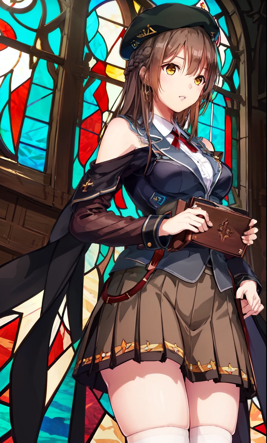 Only one female, profile,(((Angle from below))),(((church))),(((Stained glass))) ,(((I'm praying))),(((smile:0.6))), Detailed Background,Detailed Background,Highly detailed CG Unity 8k wallpaper、Realistic, Thigh-high socks, Long Hair, Brown Hair, Holding, 白いThigh-high socks, Group, shirt, Brown footwear, skirt, 白のshirt, Black Beret, bangs、Long sleeve、Parted lips、Brown eyes、shoes、chest、襟付きshirt、緑のskirt、Yellow Eyes、Best、Bare shoulders、プリーツskirt、ネックribbon、loafers、Jacket、Hair between the eyeedium breast、ミニskirt、Side Lock、青いskirt、ribbon、Shoulder cutouts、Frills,