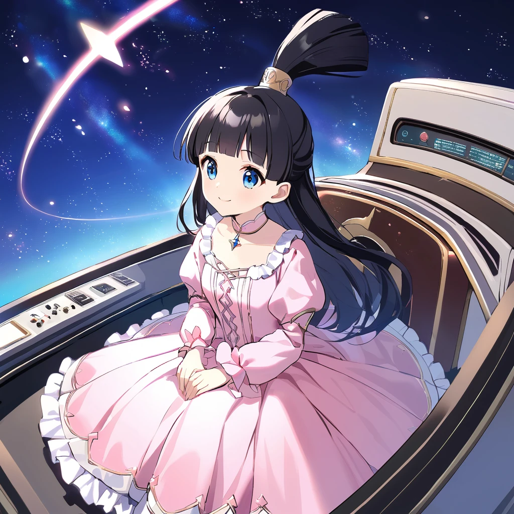 (ite), (pink detailed princess dress with many frills:1.3), frilly long sleeves, beautiful black hair, (topknot), blunt bangs, smile, riding on the Time Machine, The s As the princess steps into the time machine, light spills from its core, and the space around begins to warp. She sits at the control panel, her eyes sparkling with anticipation and excitement for the unknown era ahead.