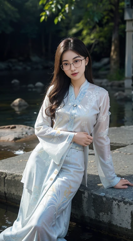 top Quority，Ultra-clear resolution,  Korean Teen 18 years old. seductive, Charming, voluptuous figure, Thin, slender. skinny, Chest reduction, Clear eyes, innocent face, is a perfect face, White skin, Perfect chest, long Pashmina Hijab. The ends of the hijab are in front of the chest((Wearing glasses. Traditional batik kebaya. Batik kebaya. button. unbuttoned loose opened, showing little breast and nipples, Finger skirt)) sit down. On the rocks. Riverside. While washing clothes