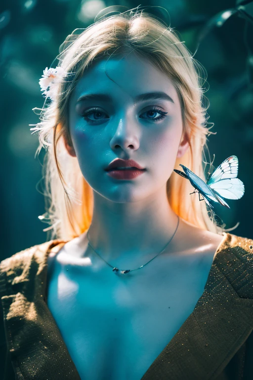 ( masterpiece, top quality, best quality,8k,17 years old girl,ultra detailed,raw photo:1.5),(photorealistic:1.4), (cinematic lighting), PerfectNwsjMajic, , Surrealism, UHD, ccurate, Super detail, textured skin, High detail, Best quality, dynamic angle, White skin,[Beautiful blue eyes], high nose,[flat chest:large breasts:0.5],(1girl),((good anatomy:0.5)),(covered in flowers:1.4), night sky, joint, (Blonde hair:1.3), interested in, fire and ice, (The image is divided into two，Available in a variety of colors:2), eyes blues, sapphire, liquid metal, night sky, (Look at an angle:1.3), (fire and ice), ((Lower chrome)), (hairpin:1.4), (forest:1.3), (fog: 1.3),  Subtle colors and tones, mystical aura ,dreamy atmosphere,expressive brush strokes, mystical ambiance, Artistic interpretation,Wonderland, blue glowing flowers, glass butterflies