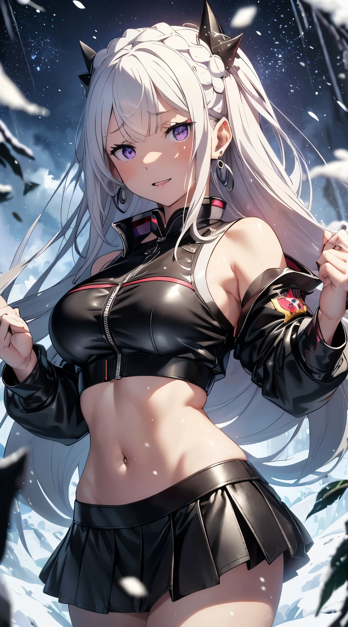 Emilia re:zero, purple eyes, Emilia, crown braid, x hair ornament, flower hair ornament, white hair, long hair, medium breasts, top-quality、wide open smile, Top image quality、​masterpiece、girl with((Black Leather Sports Bra、black rollout jacket、Black leather skirt、sixteen years old、teen ager、cute little、Best Bust、big bast, Breasts wide open, a blond、A slender,Large valleys、belligerent movements,Holding a handgun、dye one's cheeks red、fighting poses、Laugh、sapphire earrings、exhale white)),hiquality、Beautiful Art、Background with((universes、snowflakes falling、Heavy snow falls、Burning fire)))、masutepiece、depth of fields,8K