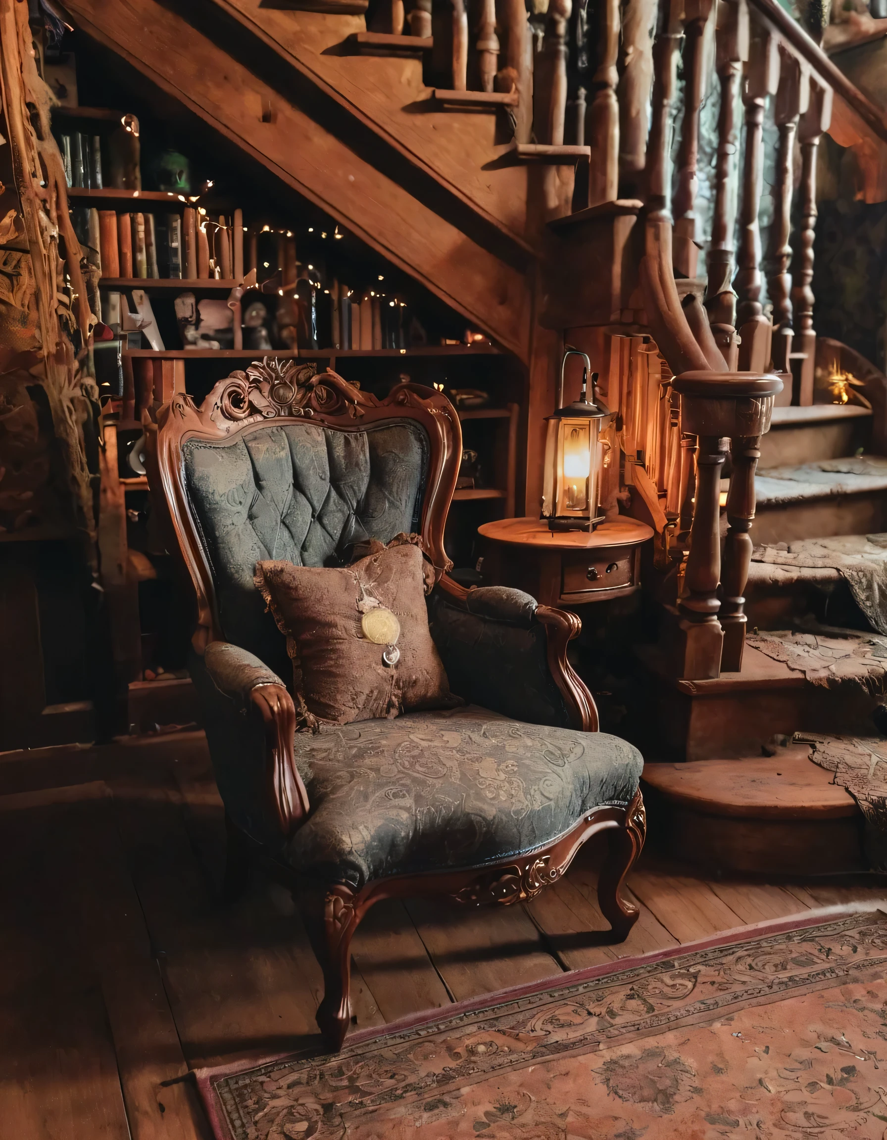 a close up of a chair in a room with a staircase, cosy atmoshpere, cozy place, peaceful wooden mansion, cozy environment, cottagecore, steampunk living room, cozy atmospheric, witch cottage in the forest, a cozy old victorian loft, cozy atmosphere, cottagecore!!, cosy enchanted scene, magical environment, luxurious wooden cottage