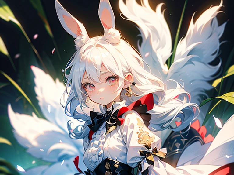 1girl\((chibi:1.5),cute,kawaii,small kid,(white hair:1.4),(very long hair:1.6),bangs,(ear\(fluffy,white,rabbit-ear\):1.4),red eye,big eye,beautiful shiny eye,skin color white,big hairbow,(white frilled dress:1.3),breast,slightly surprised,dynamic angle\),forest,dappled sunlight,quality\(8k,wallpaper of extremely detailed CG unit, ​masterpiece,hight resolution,top-quality,top-quality real texture skin,hyper realisitic,increase the resolution,RAW photos,best qualtiy,highly detailed,the wallpaper,golden ratio\)