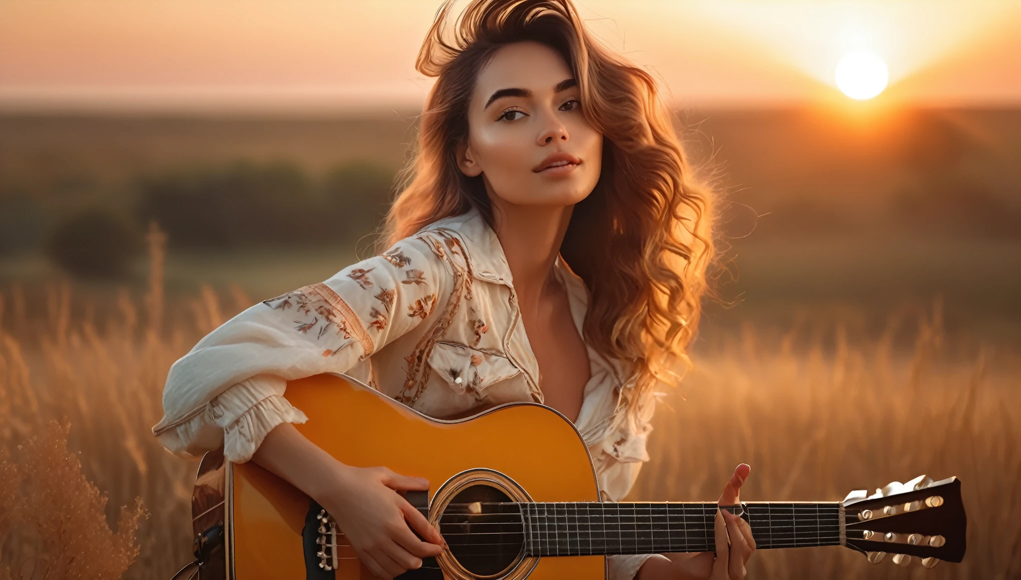 ((best quality)), ((masterpiece)),(detail), perfect face, full body shot of beautiful girl playing guitar, Clear face, clear guitar, romantic style, retro vintage and romanticism, beautiful sunset nature in background, hyper-realistic photos, 8k, ultra high resolution,sharp faces