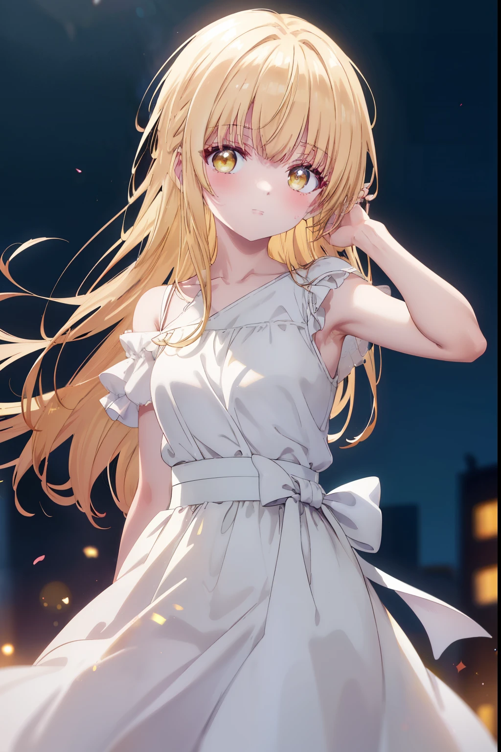 mahirushiina, Mahiru shiina, bangs, blonde, Brown Hair, (Yellow Eyes:1.3)Straight Long Hair,,blush,smile,Bare neck,bare clavicle,Expose your shoulders,Short sleeve、Black long skirt,:Carry 1 on your shoulders,Daytime,Outdoors, arms raised to show armpits,city,
View your viewers,Delete from top,whole body, (Cowboy Shot:1.5),
break (masterpiece:1.2), highest quality, High resolution, unity 8k wallpaper, (shape:0.8), (Beautiful and beautiful eyes:1.6), Highly detailed face, Perfect lighting, Extremely detailed CG, (Perfect hands, Perfect Anatomy),