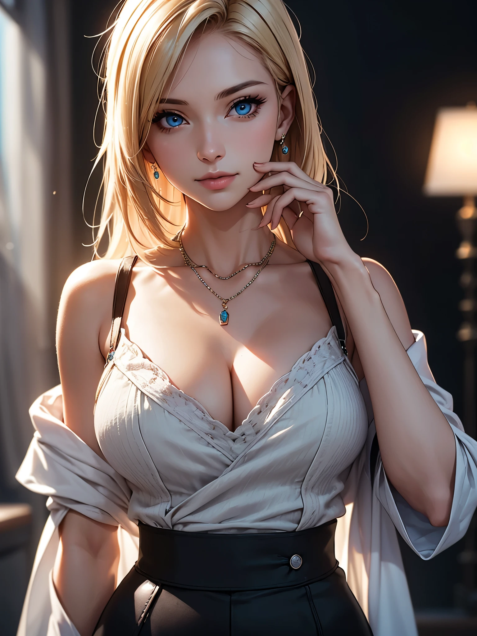 best quality, masterpiece, high resolution, A girl, blond, blue eyes, Fashion Clothing, necklace, jewelry, Pretty Face, Perfect breasts, more than_Body, Tyndall effect, lifelike, Dark Studio, Side light, Two-color lighting, (HD Skin:1.2), 8K Ultra HD, SLR camera, Soft Light, high quality, Volumetric Lighting, frank, photography, high resolution, 4K, 8k, Bokeh,