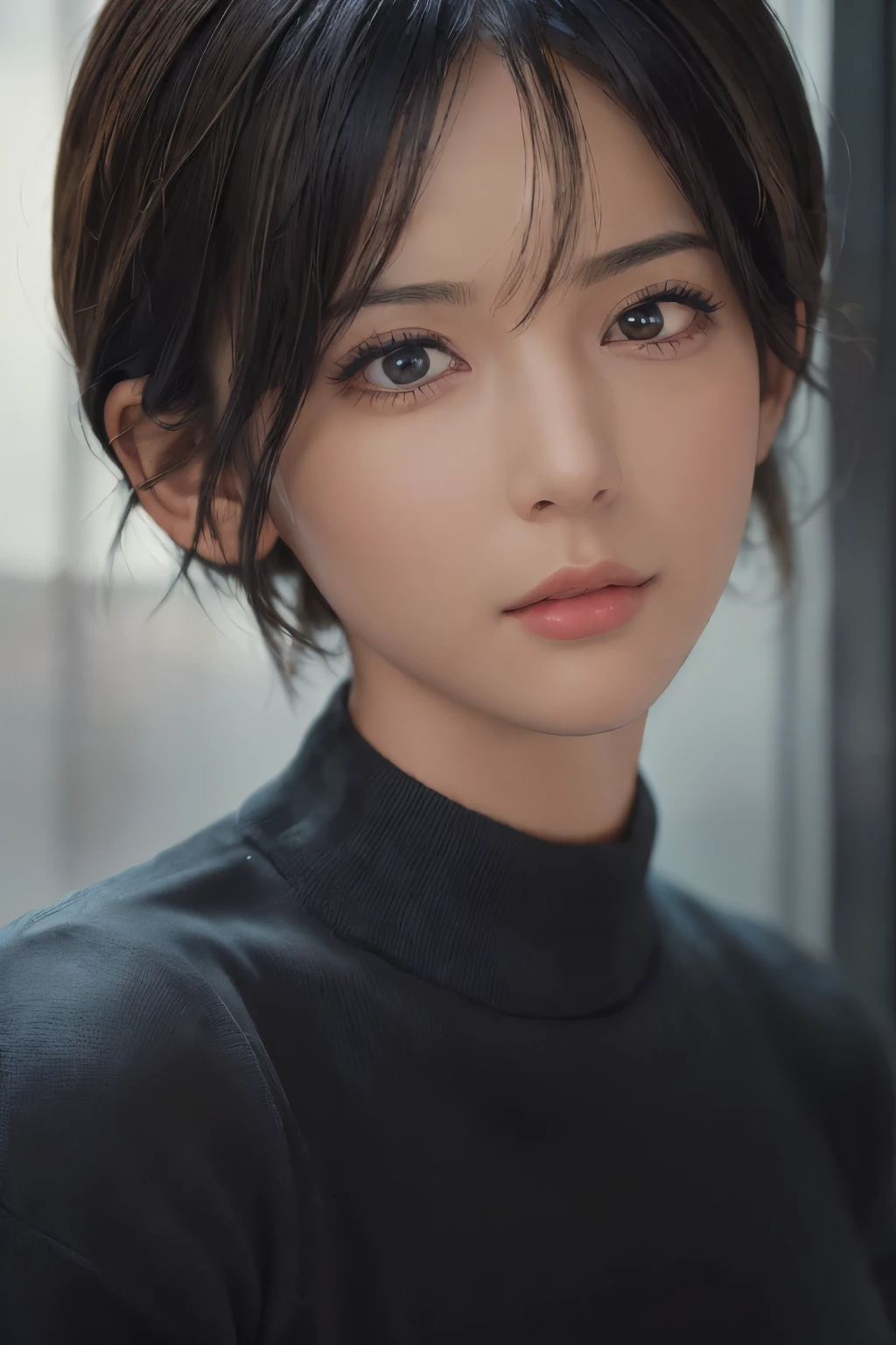 (masterpiece:1.3), (8k, photorealistic, RAW photo, best quality: 1.4), (1girl), beautiful face, (realistic face), (black hair, short hair:1.3), beautiful hairstyle, realistic eyes, beautiful detailed eyes, (realistic skin), beautiful skin, (sweater), absurdres, attractive, ultra high res, ultra realistic, highly detailed, golden ratio