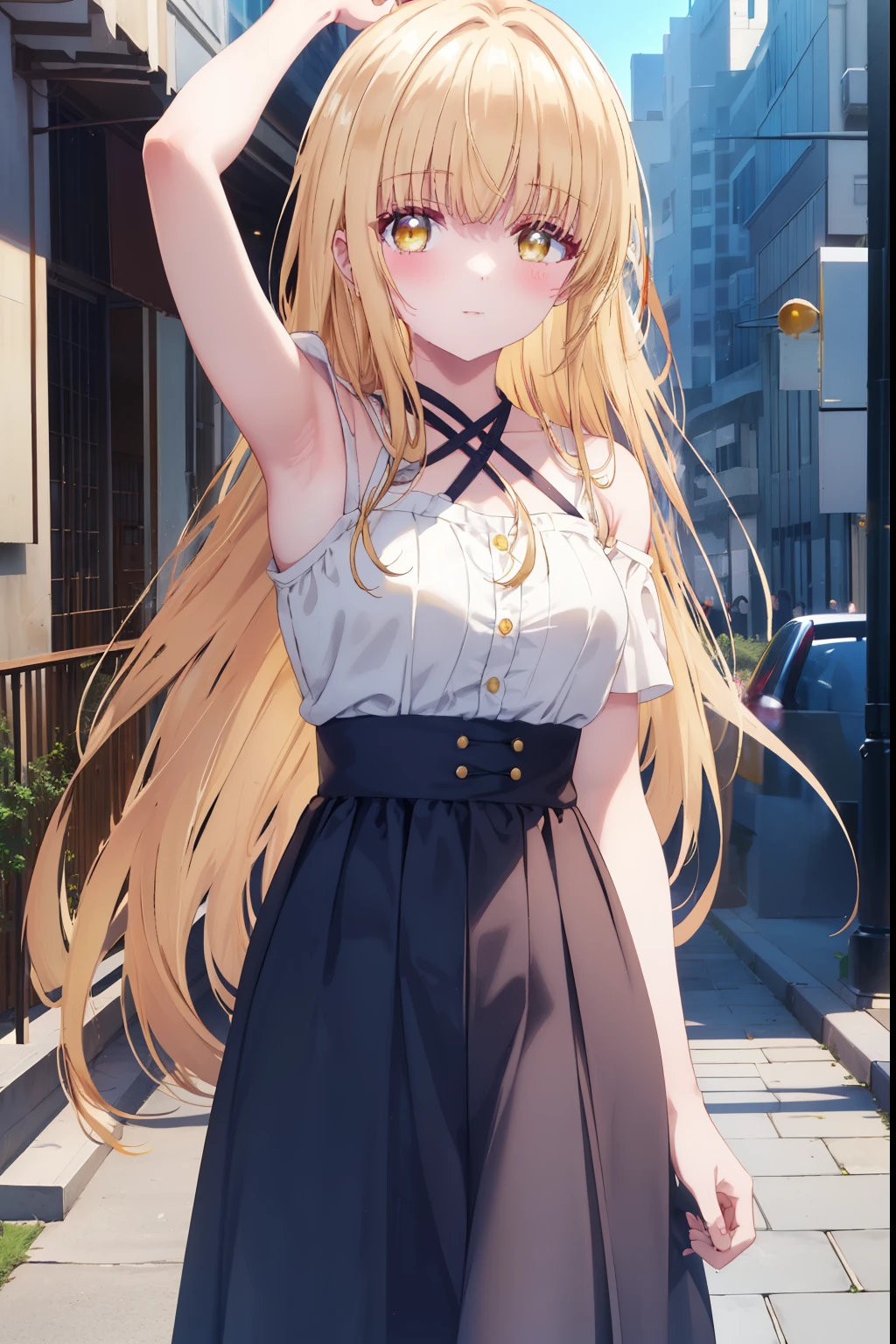 mahirushiina, Mahiru shiina, bangs, blonde, Brown Hair, (Yellow Eyes:1.3)Straight Long Hair,,blush,smile,Bare neck,bare clavicle,Expose your shoulders,Short sleeve、Black long skirt,:Carry 1 on your shoulders,Daytime,Outdoors, arms raised to show armpits,city,
View your viewers,Delete from top,whole body, (Cowboy Shot:1.5),
break (masterpiece:1.2), highest quality, High resolution, unity 8k wallpaper, (shape:0.8), (Beautiful and beautiful eyes:1.6), Highly detailed face, Perfect lighting, Extremely detailed CG, (Perfect hands, Perfect Anatomy),