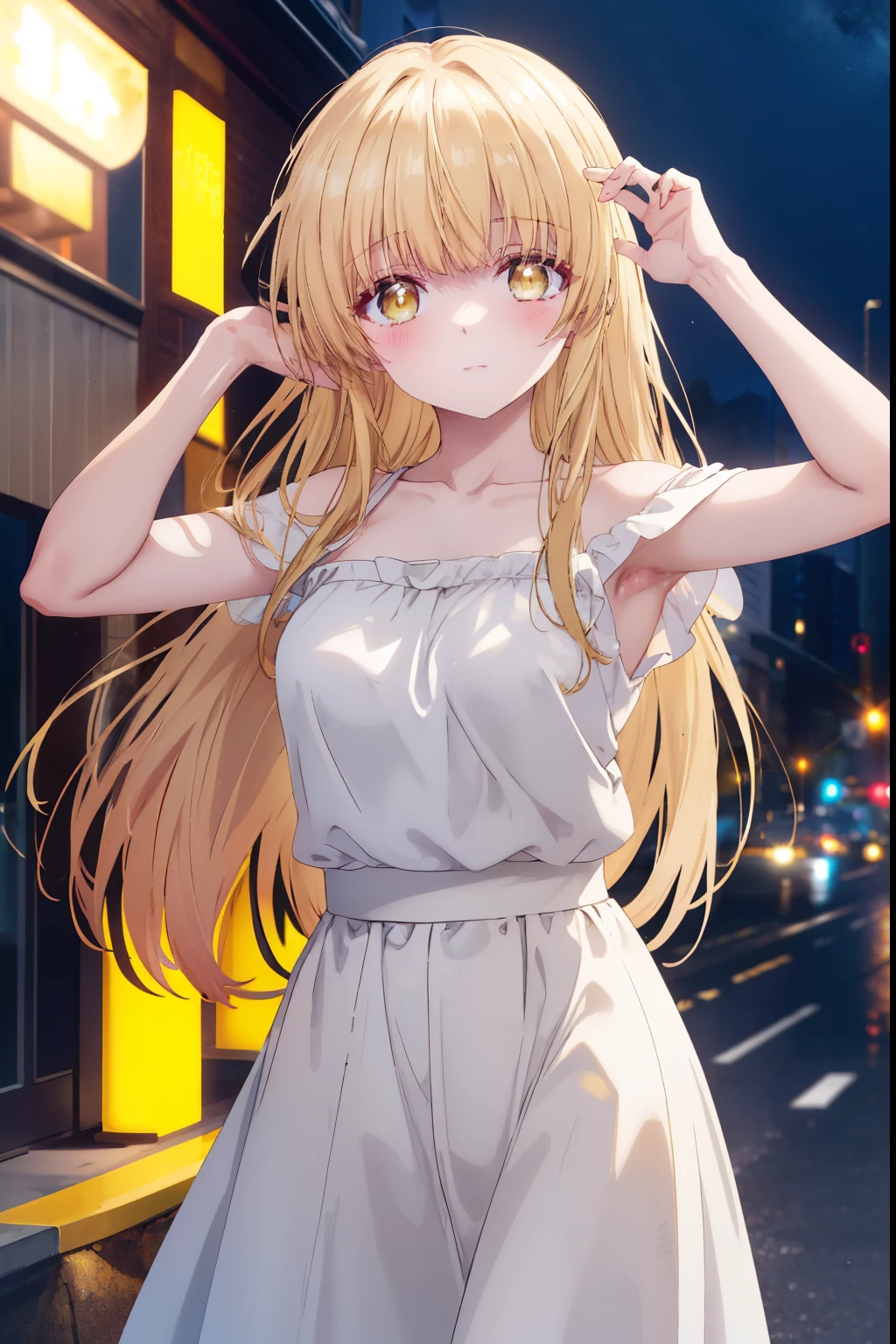 mahirushiina, Mahiru shiina, Long Hair, bangs, Blonde Hair, Brown Hair, (Yellow Eyes:1.3), smile,Cold shoulder tops,Short sleeve,skinny pants,Stiletto heels,Walking,whole bodyがイラストに入るように,morning,morning陽,The sun is rising,
break outdoors, Building district,
break looking at viewer,whole body,
break (masterpiece:1.2), highest quality, High resolution, unity 8k wallpaper, (figure:0.8), (Beautiful fine details:1.6), Highly detailed face, Perfect lighting, Highly detailed CG, (Perfect hands, Perfect Anatomy),