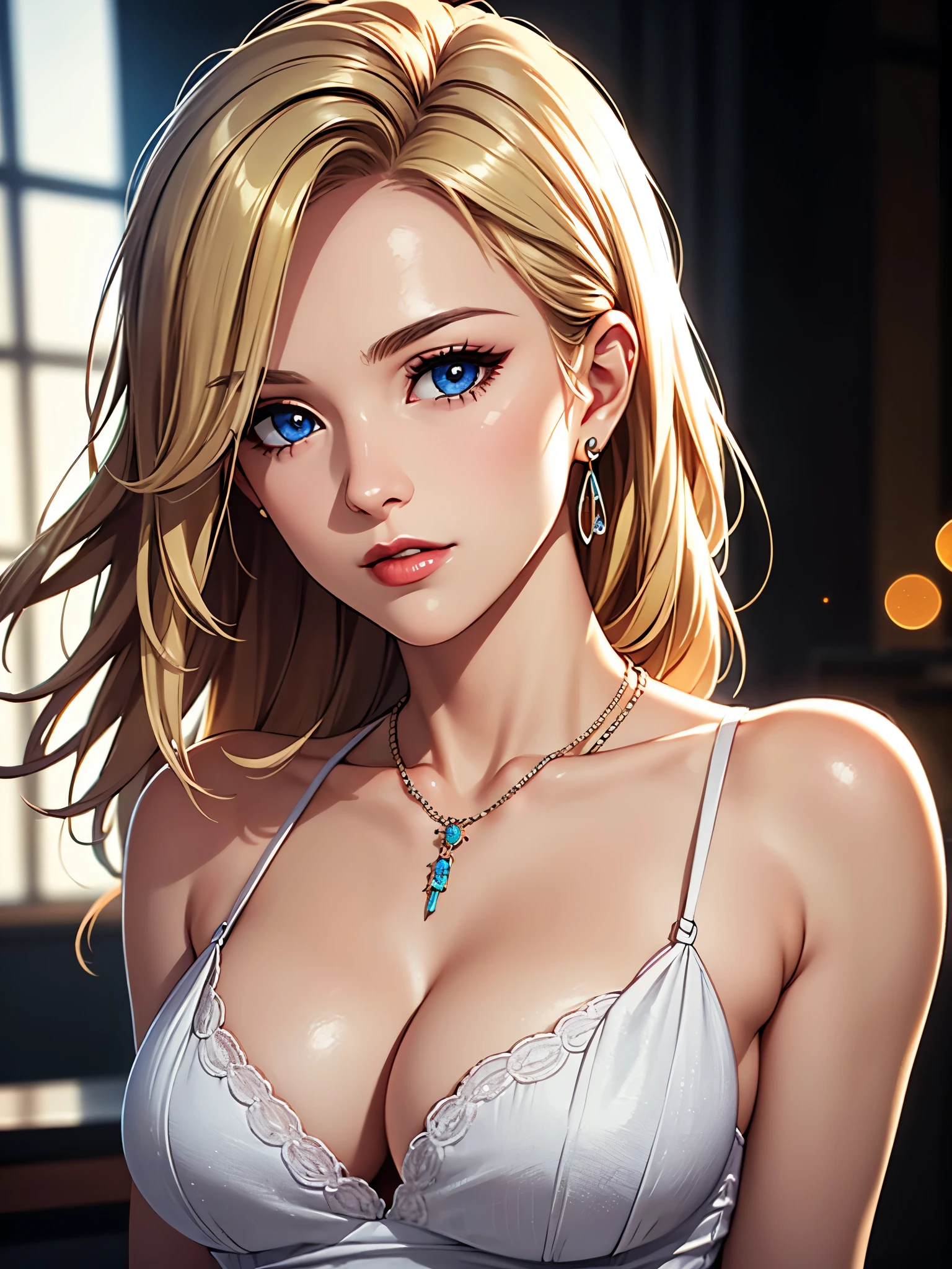 best quality, masterpiece, high resolution, A girl, blond, blue eyes, Fashion Clothing, necklace, jewelry, Pretty Face, Perfect breasts, more than_Body, Tyndall effect, lifelike, Dark Studio, Side light, Two-color lighting, (HD Skin:1.2), 8K Ultra HD, SLR camera, Soft Light, high quality, Volumetric Lighting, frank, photography, high resolution, 4K, 8k, Bokeh,