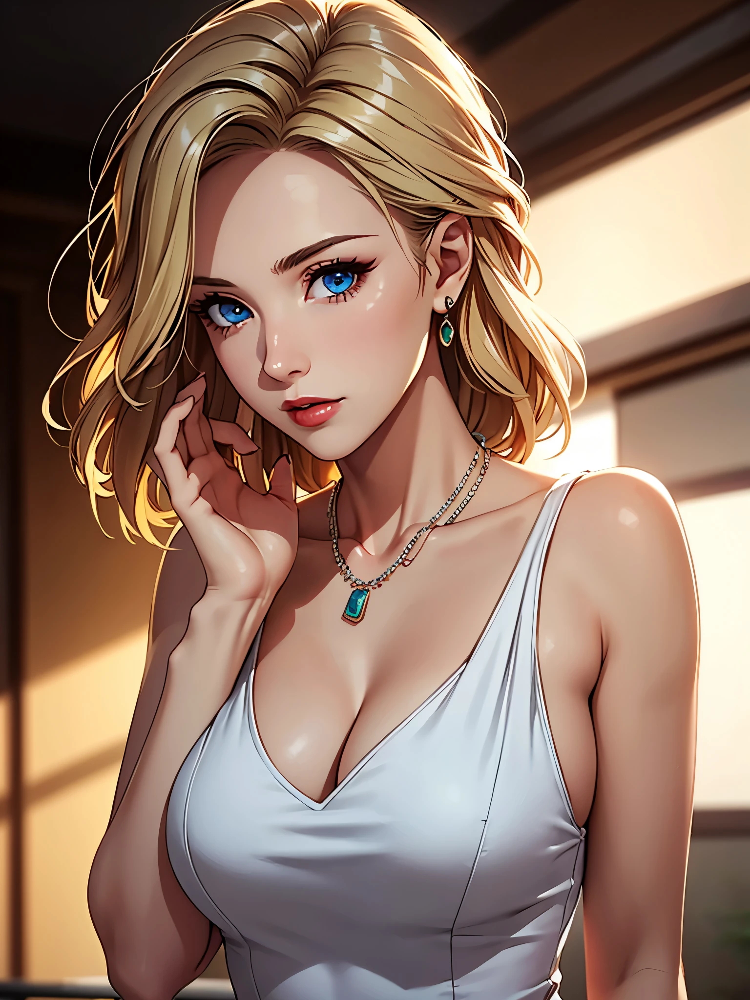 best quality, masterpiece, high resolution, A girl, blond, blue eyes, Fashion Clothing, necklace, jewelry, Pretty Face, Perfect breasts, more than_Body, Tyndall effect, lifelike, Dark Studio, Side light, Two-color lighting, (HD Skin:1.2), 8K Ultra HD, SLR camera, Soft Light, high quality, Volumetric Lighting, frank, photography, high resolution, 4K, 8k, Bokeh,