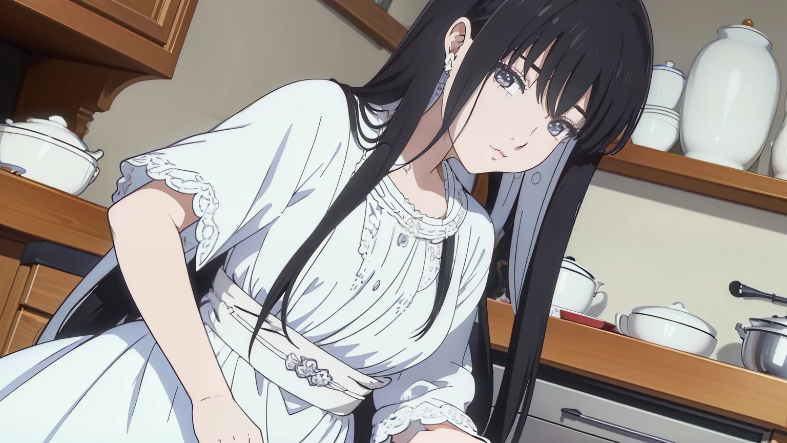 ((Best quality)), ((Masterpiece)), ((Super detailed)), (illustration), (Detailed light), (An extremely delicate and beautiful),A charming young girl,Black hair,White clothes,Cooking in the kitchen