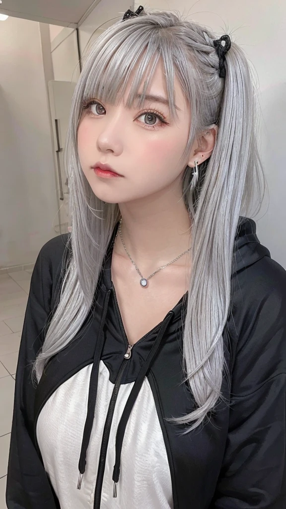 , huge, Twin tails, Silver Hair, hoodie, Vintage Gothic, Pause, cute, Look up, high quality, necklace, ring, bracelet, Earrings