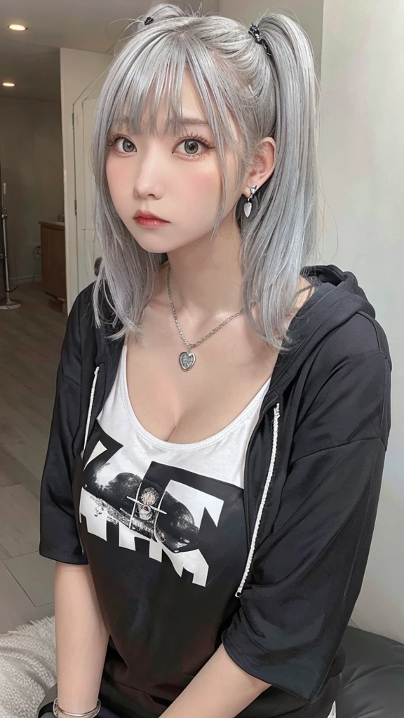 , huge, Twin tails, Silver Hair, hoodie, Vintage Gothic, Pause, cute, Look up, high quality, necklace, ring, bracelet, Earrings