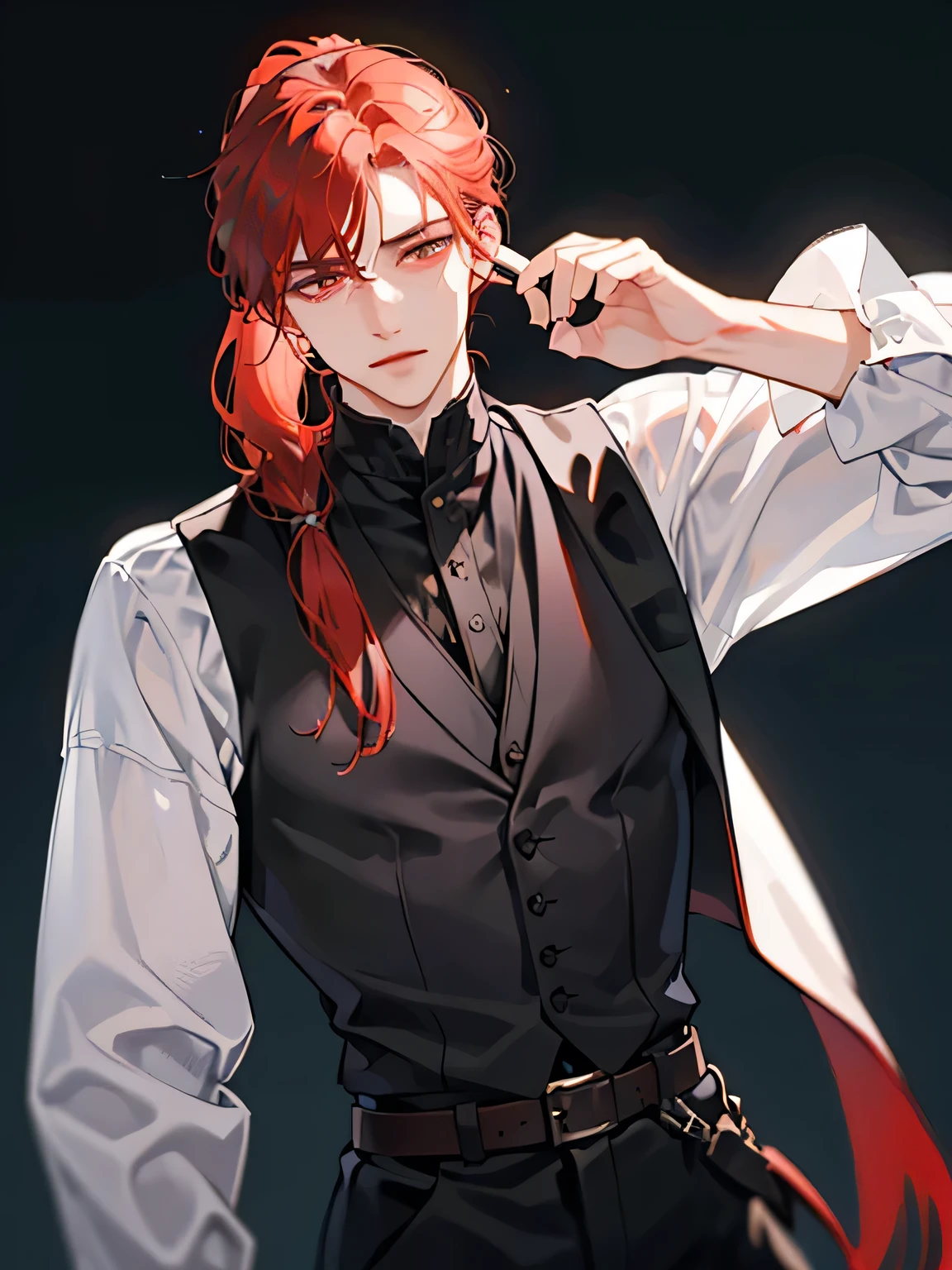 (best quality,HD:1.2), ultra-detailed, realistic:1.37, male above 40, tall, mature, long high pony tail red hair with white highlights, long sharp face, sharp eyes, dark black vest, low exposure, solo, natural expression
