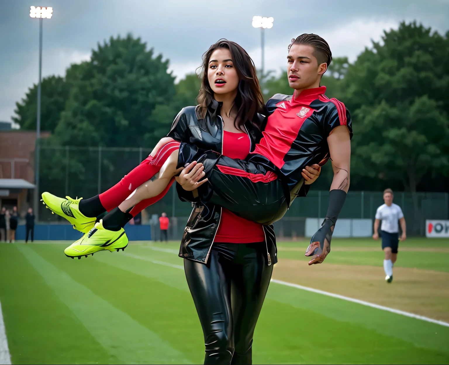 Andrea carries the wounded man's body in her hands, Andrea grabs his legs and his body with her hands, the bearded man in Andrea's arms is visibly in pain, stadium atmosphere, the bearded man is lying consciousless in Andrea's arms with one arm hanging down, A scene at a soccer stadium, a bearded man lying in a caring women's arms, lying helpless in her arms with his head dangling down, he has one arm dangling down while being carried in the women's arms, There is an attractive and heavily made-up woman in a long black leather coat, A pretty woman in a shiny black leather coat on a soccer field, A wonderful woman is holding a passed out man, A man in matt and roughened sportswear is held diagonal in her arms, a man in a woman's arms and lets one arm dangling down, we see the man held in front of the woman's body, the man is cradled in the woman's arm while being carried, the beautiful woman is exceptionally heavily made up and has an extremely desperate and very angry expression on her face, high-resolution photo, realistic sports photo, soccer scene, woman in black shiny long leather coat, injury scene, real photo, ultra realistic, high definition, sports photography