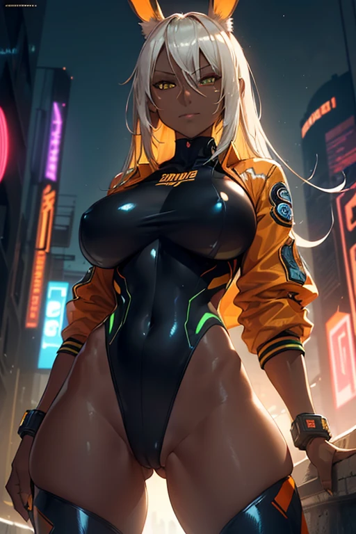 Shot from below, Standing with your legs apart, Standing with feet shoulder-width apart, Cute girl, highest quality, Ultra - High resolution, Highly detailed CG, 8k unit wallpaper, 18-year-old, Careful and gentle eyes, Delicate and beautiful smile, Platinum Blonde Hair, Asymmetrical Hair, (Dark Skin:1.5), (Shiny body:1.5), rabbit ears, (loose socks, big breasts), (Orange motocross jacket with green details, Biker clothes. Detailed design), Double Peace, vivid colors, professional, stunning lighting, striking composition, dynamic pose, intense gaze, vibrant background, concept art style, surreal colors, dreamlike atmosphere, realistic details, intricate patterns, stylish and fashionable, glowing neon lights, futuristic setting, urban landscape, high contrast, energetic brushstrokes, contrasting textures, illuminated cityscape, cinematic quality, atmospheric depth, depth-of-field effect, graphic novel aesthetic, visually captivating.Illuminated from the front