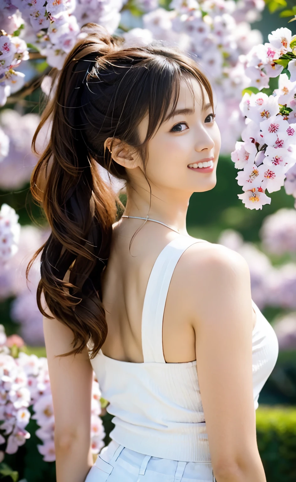 ((perfectionな解剖学で手足を丁寧に描写)) ,Masterpiece,Ulzan 6500,(A photo that captures the essence of movement),(((Her long hair is set in a ponytail))),A woman wearing a necklace and earrings,He has a slim, muscular body that looks like a coke bottle, and long, slender legs.,((The wisteria trellis made of wood stretches straight for about 100 meters, and the sight of the beautifully blooming wisteria flowers is a sight to behold.,A beautiful woman walking with her hands behind her back, lifting her chin and looking up at the wisteria with a satisfied smile,Wearing a polo shirt, white baggy jeans and stiletto heels,4K photo taken from the front with wisteria trellis in the background)),masterpiece,最high quality,perfectionな顔, perfection,((One beautiful tourist with brown eyes and hair)),Highly detailed face, Fine grain,A smile with the corners of the mouth raised,summer,Daytime,4K Digital SLR,high quality,Film Grain,Fujifilm XT3,A scene from a classic movie,(Saiharu Body),(Delicate eyes and face),Professional angle,Excellent detail,Beauty condensed in 1girl,Beautiful chestnut-colored bouncy hair,繊細でHigh noseを持つ美しい顔,Long limbs like a model,Tight waist,High nose, Clear chestnut eyes, Glossy lips,