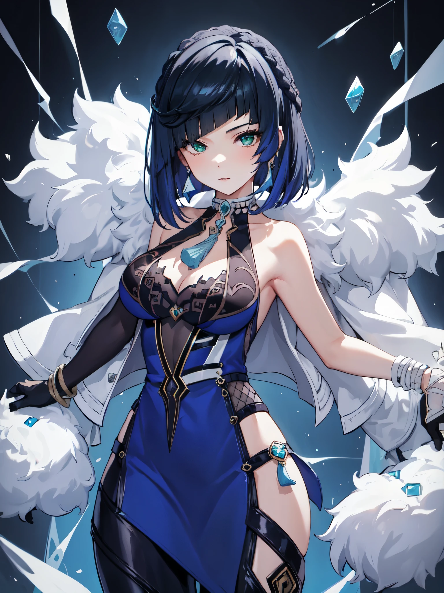 (masterpiece), best quality, expressive green eyes, perfect face of YelanXL, diagonal bangs falling on forehead, dice in hand, wearing a fur-trimmed jacket with a vision symbol, mole on left breast, tassel on jacket, bob cut hairstyle, blue dress with clothing cutout, fur trim detail, mole visible above collarbone, blue hair pulled back, jewelry adornments, bare shoulders showing, ample cleavage, long sleeves, gloves covering wrists, large breasts, bangs slightly covering eyes, short hair, facing viewer intently.