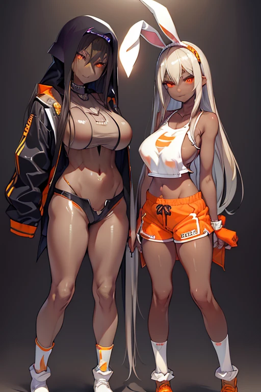 Shot from below、Standing with your legs apart、Standing with feet shoulder-width apart、Cute girl、highest quality、Ultra - High resolution、High resolution、Highly detailed CG、8k unit wallpaper、18-year-old、Careful and gentle eyes,Delicate and beautiful smile、Platinum Blonde Hair、Asymmetrical Hair、((( Dark Skin:1.5)))、(Shiny body,:1.5)、rabbit ears、(((loose socks、big breasts))) 、(Orange motocross jacket with green details, Biker clothes. Detailed design)Double Peace 、Shorts