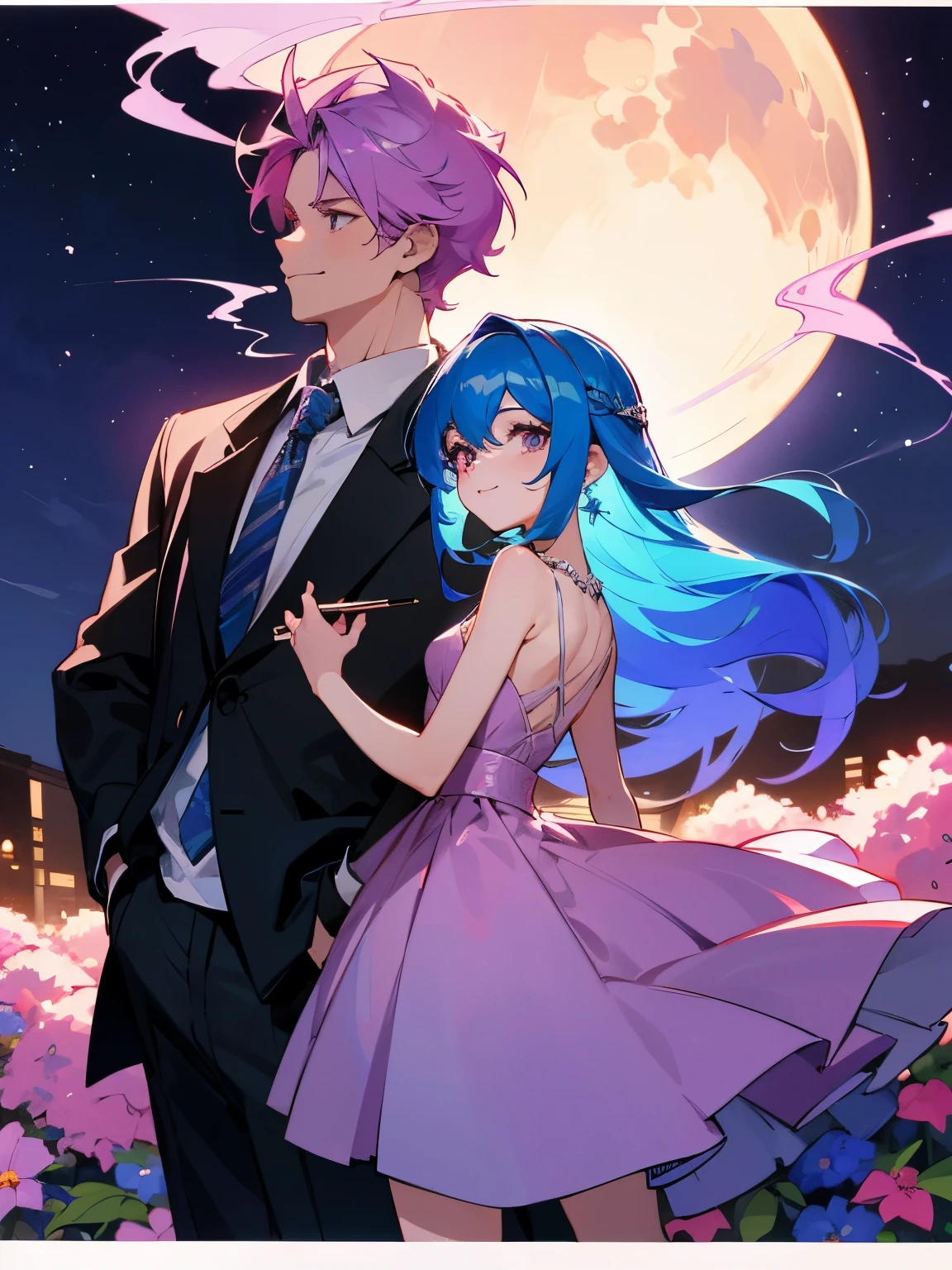 cartoon of a boy and a girl standing close together, ddlc, in the art style of 8 0 s anime, 9 0 s anime style, 90s anime style, in anime style, in an anime style, anime aesthetic, anime vibes, 9 0 s anime aesthetic, 9 0 s anime art style, lofi boy and girl, beautiful background outside, background at night with stars and a moon, fairy lights, beautiful background in a floral garden with fairy lights at night, a cute boy and a cute girl, beautiful faces, a boy and a girl, don't extra hands, NO extra hands, generate a boy and a girl with NO extra hands, NO extra arm, the boy has a short hairstyle and the girl has a long hairstyle, the boy has blue hair, the girl has pink hair, pretty faces, cute pretty boy in a smoking dress, cute pretty girl in a beautiful dress, with amazing smile, boy has a pretty smile, girl has a cute smile
