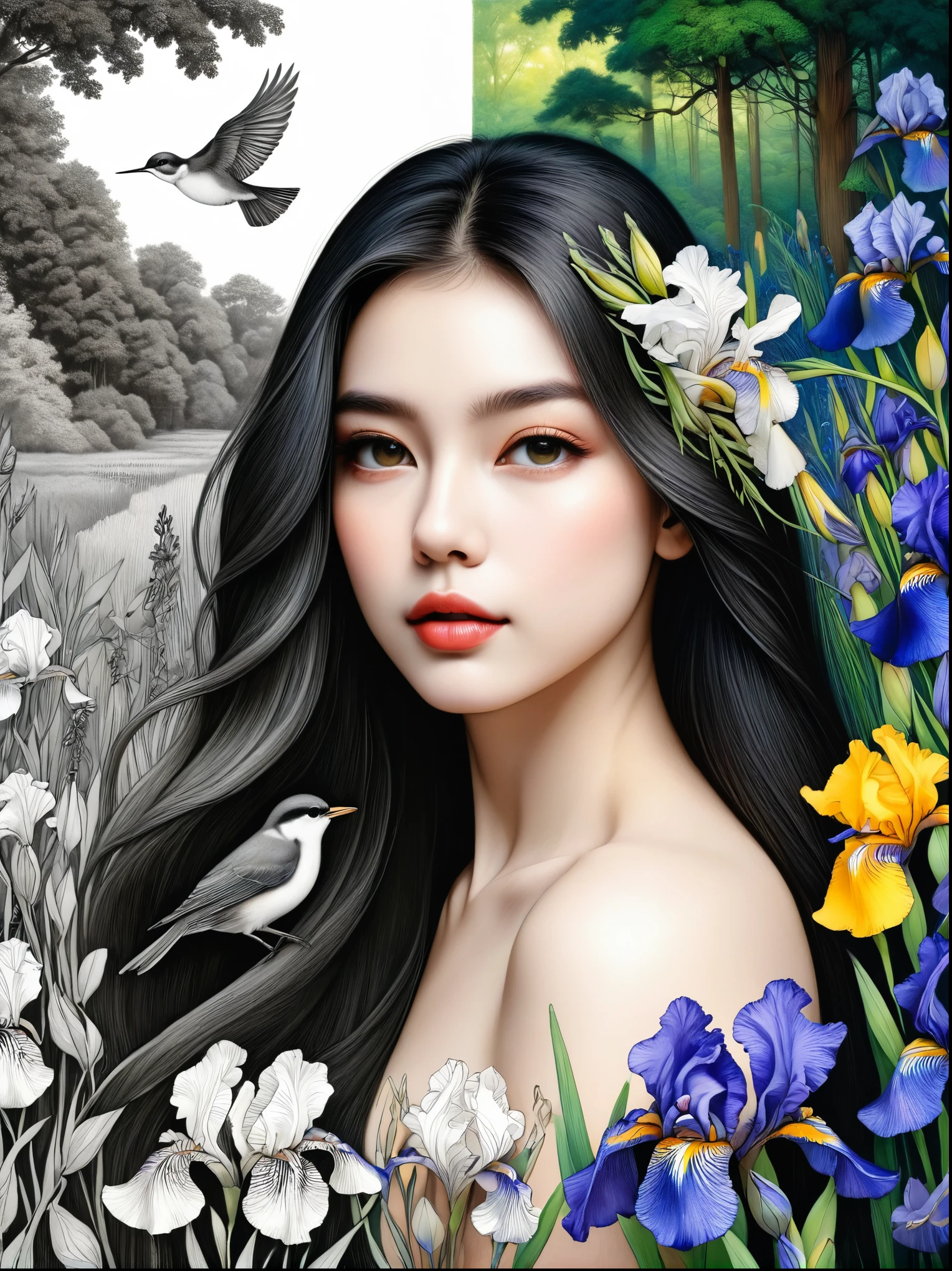 Bird,Wildflowers and irises in a forest setting,1 image of a long-haired beauty,Artwork should be in pencil drawing style,Transition from black and white on the left half to bright colors on the right half,Ensure seamless integration between the two halves,No dividing line,The scene is the same on both sides,Black and white pencil detail on left side,Right side filled with color,The blend formed in the whole image,Perfect details, animation art style, Large murals, Sharp contrast between light and dark