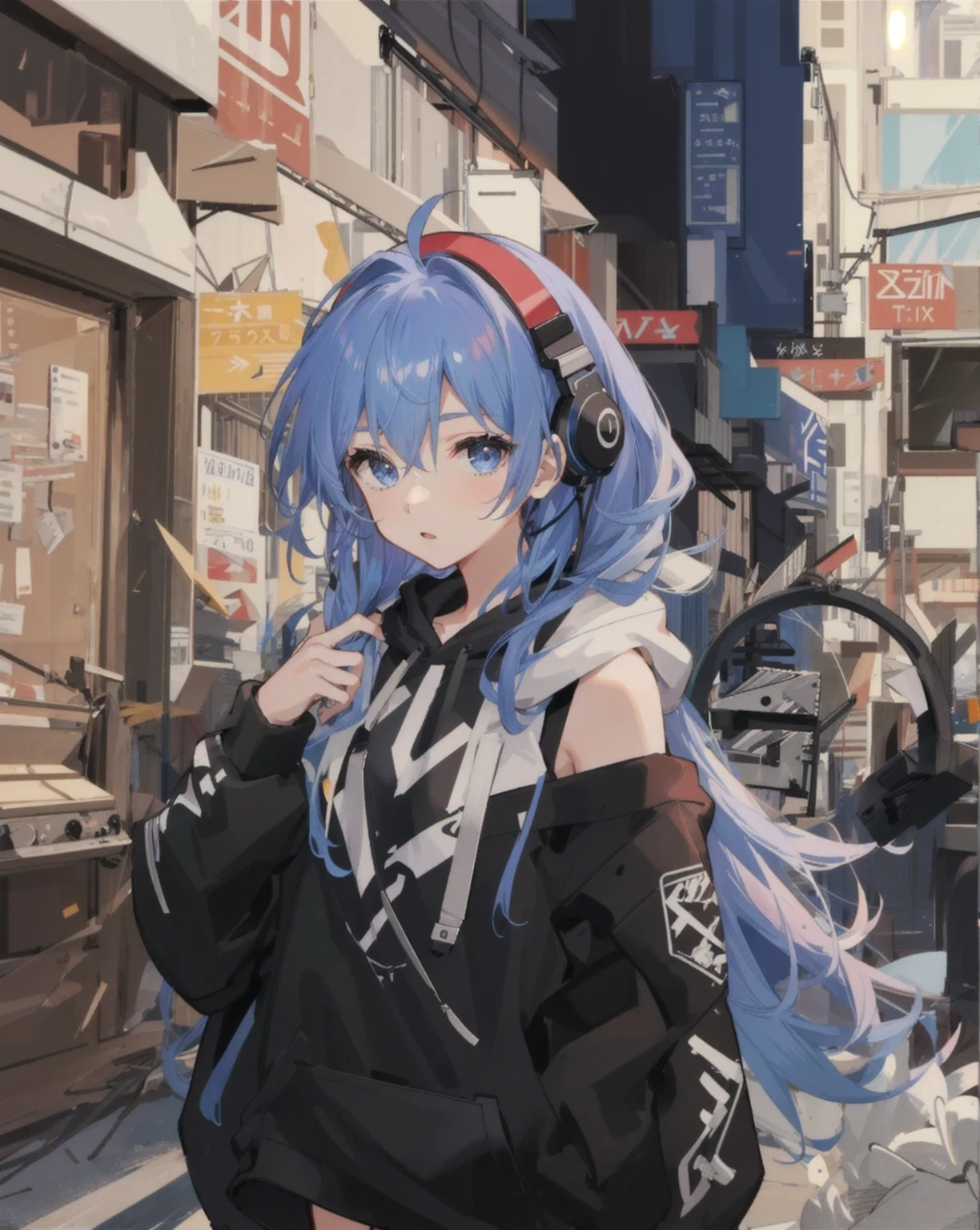 One girl,hoodie,Blue Hair, Very long hair, Off the shoulder, Headphones around the neck,Music Studio