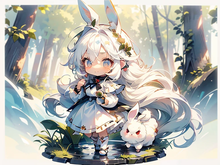 1girl\((chibi:1.6),cute,kawaii,small kid,(white hair:1.4),(very long hair:1.6),bangs,(ear\(fluffy,white,rabbit-ear\):1.4),red eye,big eye,beautiful shiny eye,skin color white,big hairbow,(white frilled dress:1.3),breast,slightly surprised,dynamic angle\),forest,dappled sunlight,quality\(8k,wallpaper of extremely detailed CG unit, ​masterpiece,hight resolution,top-quality,top-quality real texture skin,hyper realisitic,increase the resolution,RAW photos,best qualtiy,highly detailed,the wallpaper,golden ratio\)