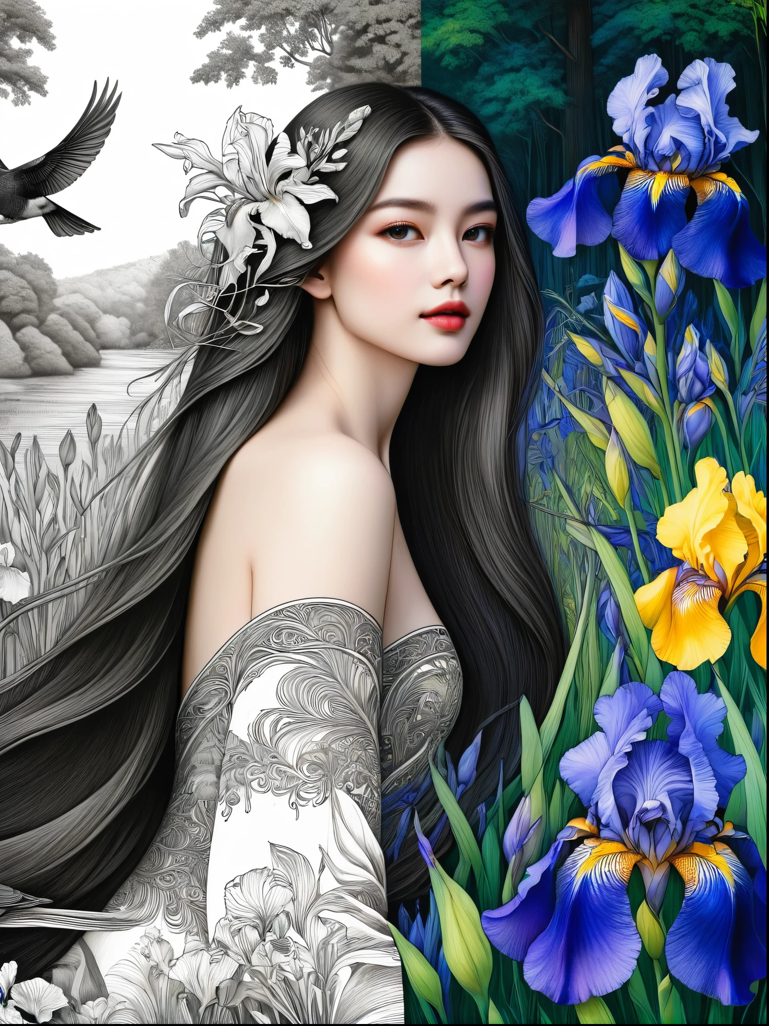 Bird,Wildflowers and irises in a forest setting,1 image of a long-haired beauty,Artwork should be in pencil drawing style,Transition from black and white on the left half to bright colors on the right half,Ensure seamless integration between the two halves,No dividing line,The scene is the same on both sides,Black and white pencil detail on left side,Right side filled with color,The blend formed in the whole image,Perfect details, animation art style, Large murals, Sharp contrast between light and dark