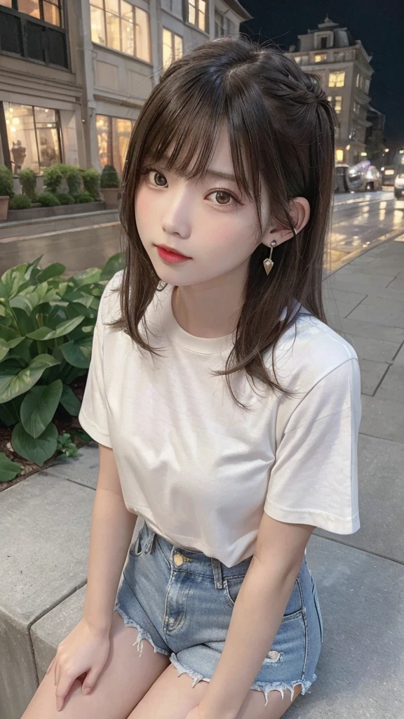 highest quality, masterpiece, Ultra-high resolution, (Genuine: 1.4), Original photo, (Evening City), 1 girl, Iris, Looking at the audience, Long Hair, light makeup, lips, Small ears, White T-shirt, Denim shorts, Earrings, Sit in Ferrari,, slim, Neat, garden