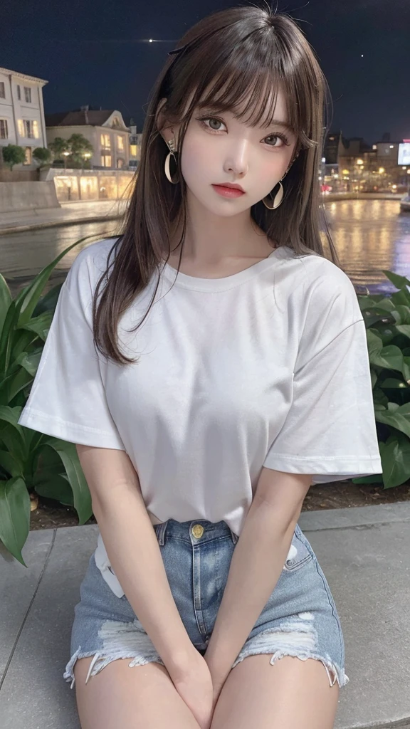 highest quality, masterpiece, Ultra-high resolution, (Genuine: 1.4), Original photo, (Evening City), 1 girl, Iris, Looking at the audience, Long Hair, light makeup, lips, Small ears, White T-shirt, Denim shorts, Earrings, Sit in Ferrari,, slim, Neat, garden