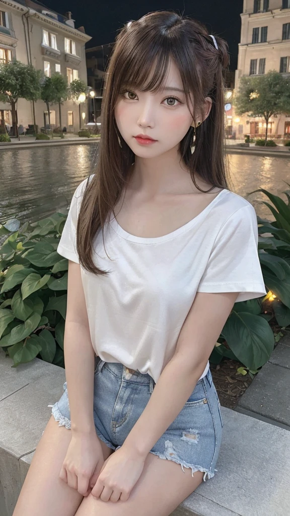 highest quality, masterpiece, Ultra-high resolution, (Genuine: 1.4), Original photo, (Evening City), 1 girl, Iris, Looking at the audience, Long Hair, light makeup, lips, Small ears, White T-shirt, Denim shorts, Earrings, Sit in Ferrari,, slim, Neat, garden